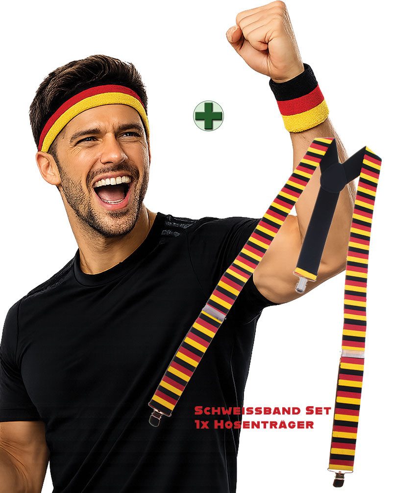 Karneval-Klamotten Kostüm Schweißbänder Set m. Hosenträger Fußball WM 2026, Fan Artikel Deutschland Public Viewing Party Supporter Mannschaft