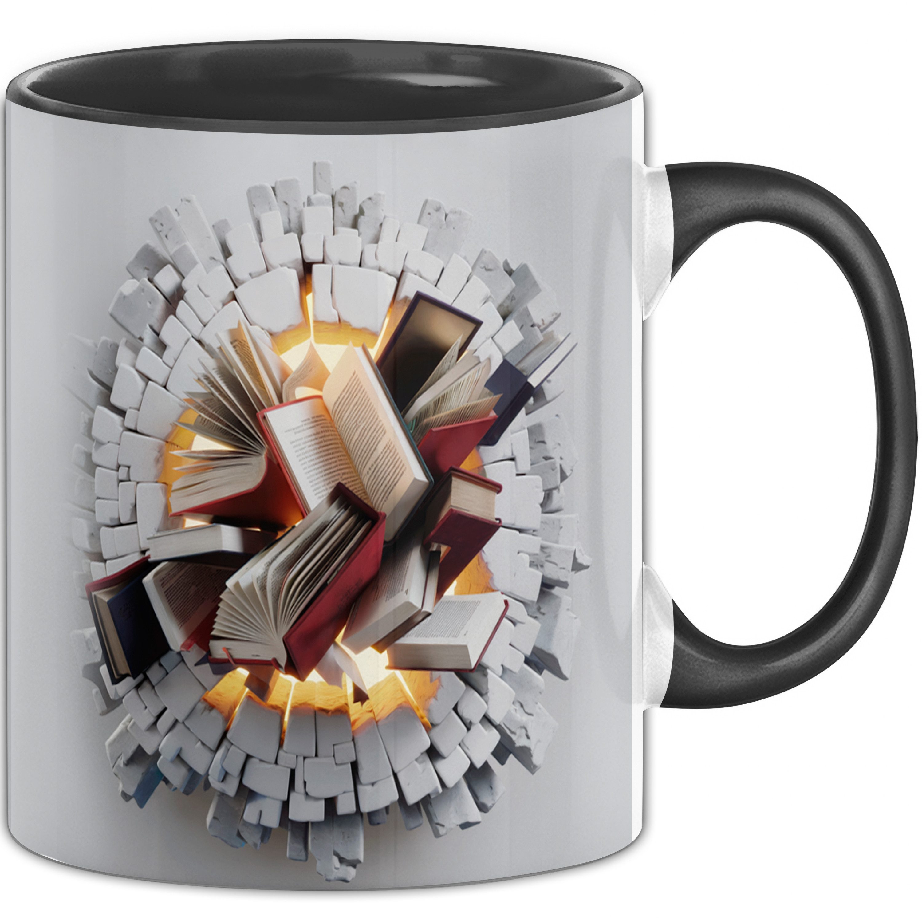 Trendation Tasse 3D Bücher Tasse Geschenk Bücher Durchbruch Wand Grafik Geschenkidee, RUNHERUM DRUCK: Die Tasse wird von allen Seiten bedruckt, da