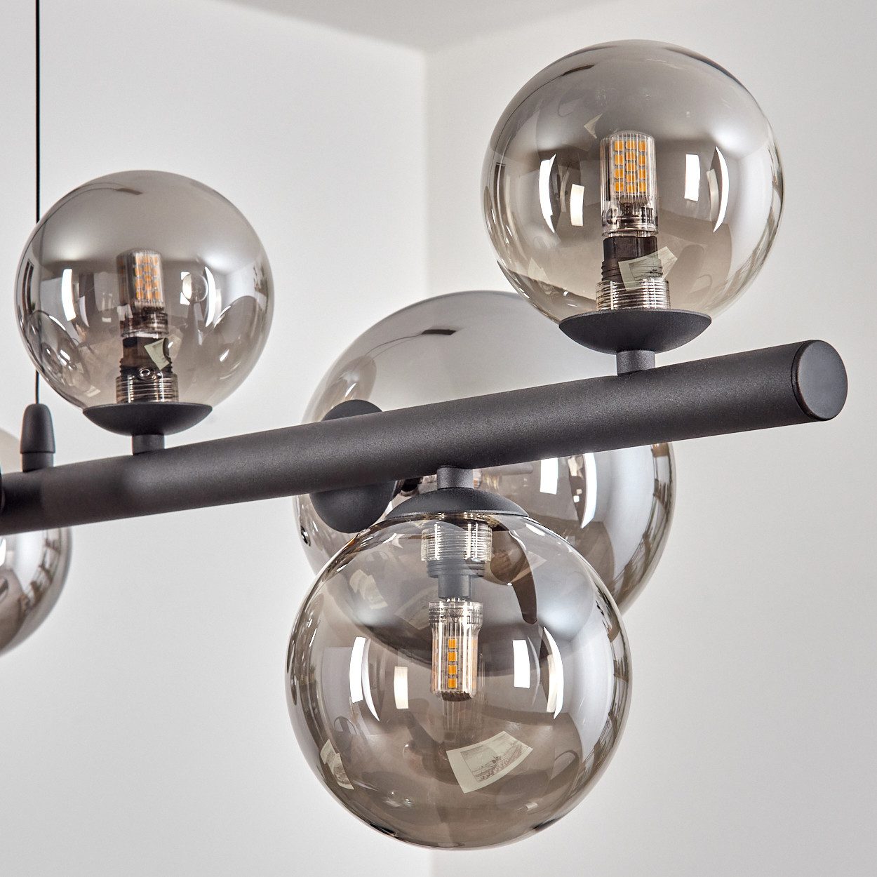 hofstein Pendelleuchte Hängelampe aus Metall/Glas in Schwarz/Rauchfarben, ohne Leuchtmittel, Hängeleuchte im Retro/Vintage-Design mit Glasschirmen, 10 x G9
