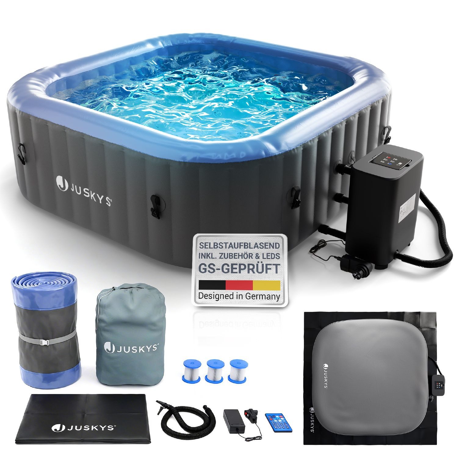 Juskys Whirlpool SpaLuxe, Aufblasbar, (1-tlg), 130 Sprudeldüsen, Inkl. Pumpe und Zubehör, LED-Beleuchtung