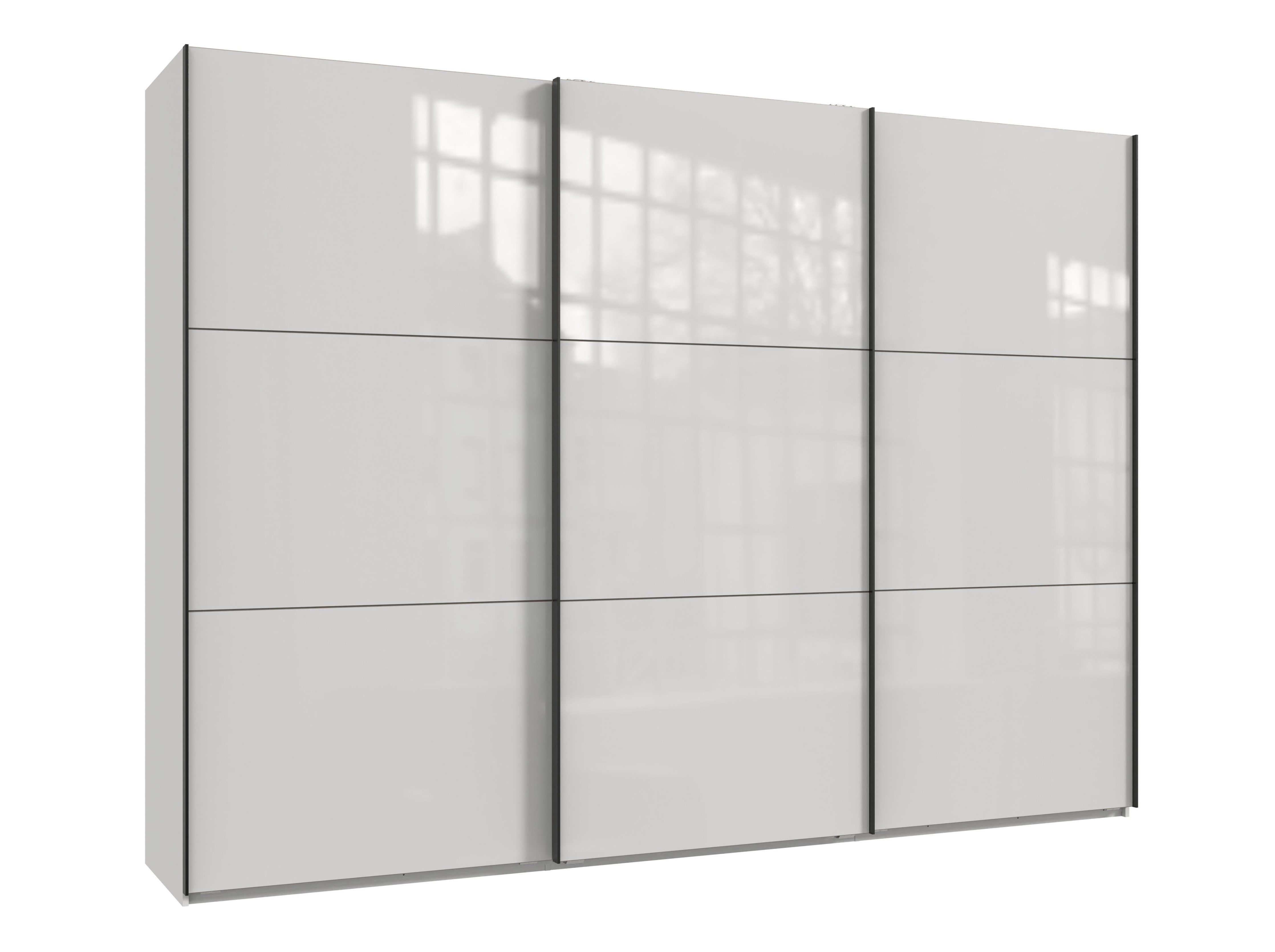 luma-home Schwebetürenschrank 22036 (3-türiger Kleiderschrank B300/H216/T65 cm mit Vollausstattung als optimale Stauraumlösung) Weiß mit Glasfront und schwarzen Griffleisten