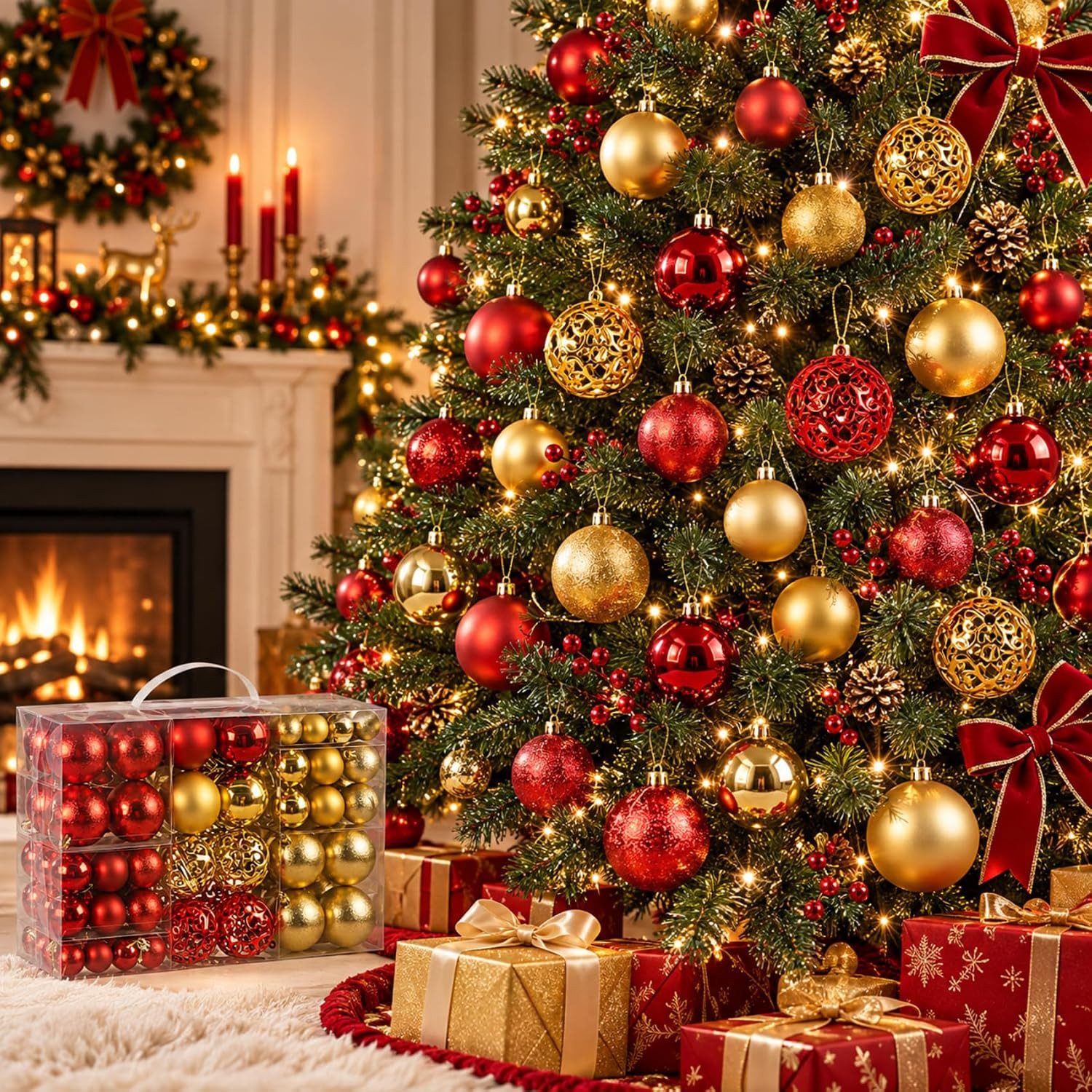 lindahandel Weihnachtsbaumkugel 100er Set Christbaumkugeln aus Plastik in Gold & Rot, inkl. Aufhänger, Christbaumkugeln Gold Rot,Kugeln Weihnachtsbaum,Christbau – Bild 4 von 5
