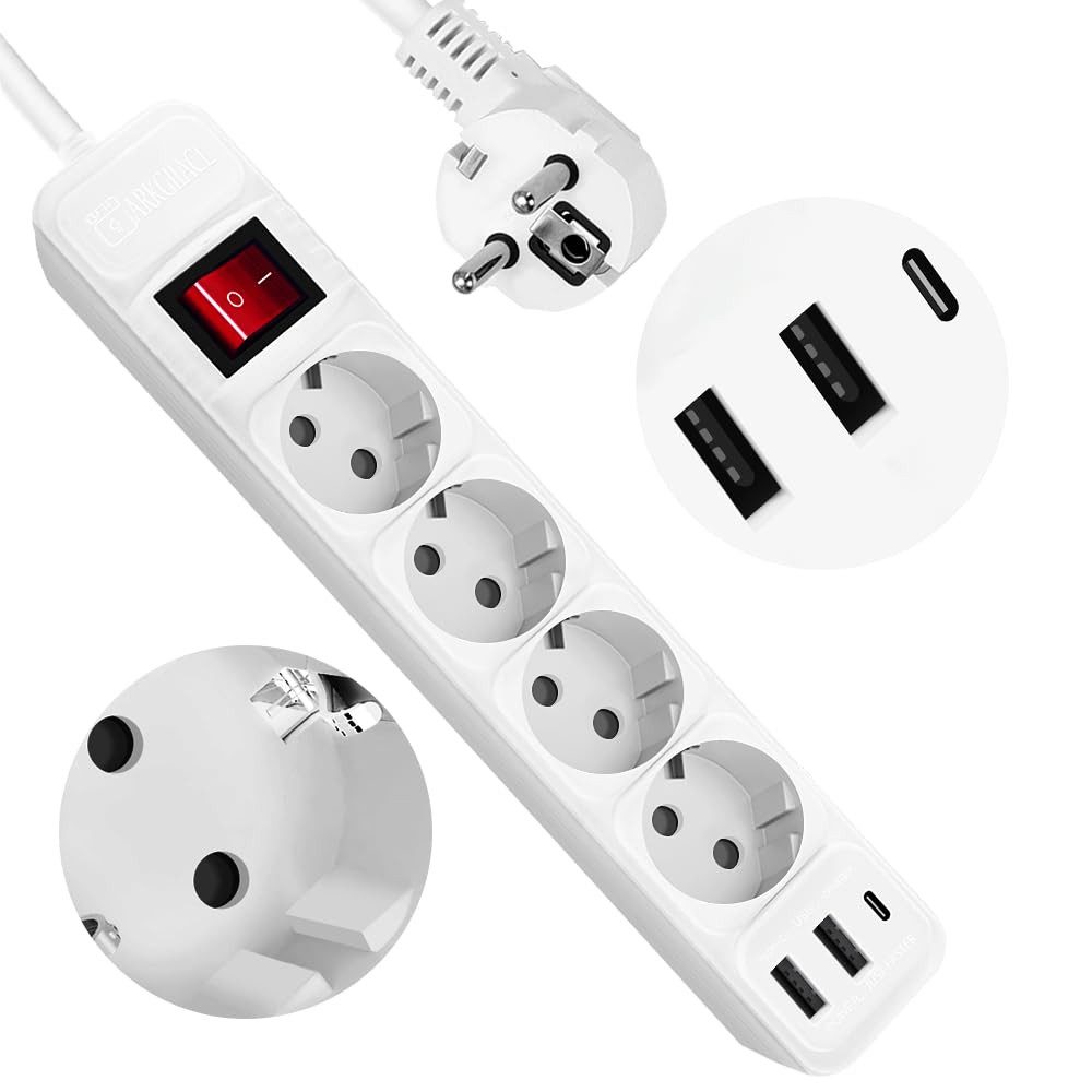 LA CUTE Mehrfachsteckdose mit USB-C, 4 Steckplätzen & Schalter, 3500W Mehrfachsteckdose 7-fach (4 Steckplätze, 2 USB-Anschlüsse, 1 USB-C-Anschluss, Netzschalter, Überlastschutz, Kurzschlussschutz, Kindersicherung, Kabellänge 1.8 m), Mehrfachsteckdose mit