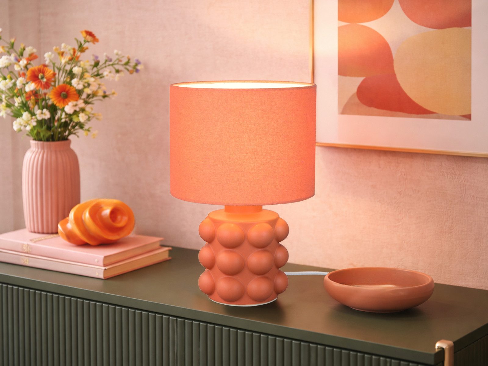 Reality Leuchten LED Nachttischlampe mit Lampenfuß Keramik, Höhe 36cm, Dimmfunktion, LED wechselbar, Warmweiß, Retro Tischlampe mit Stoff Lampenschirm, inkl. dimmbarem Leuchtmittel