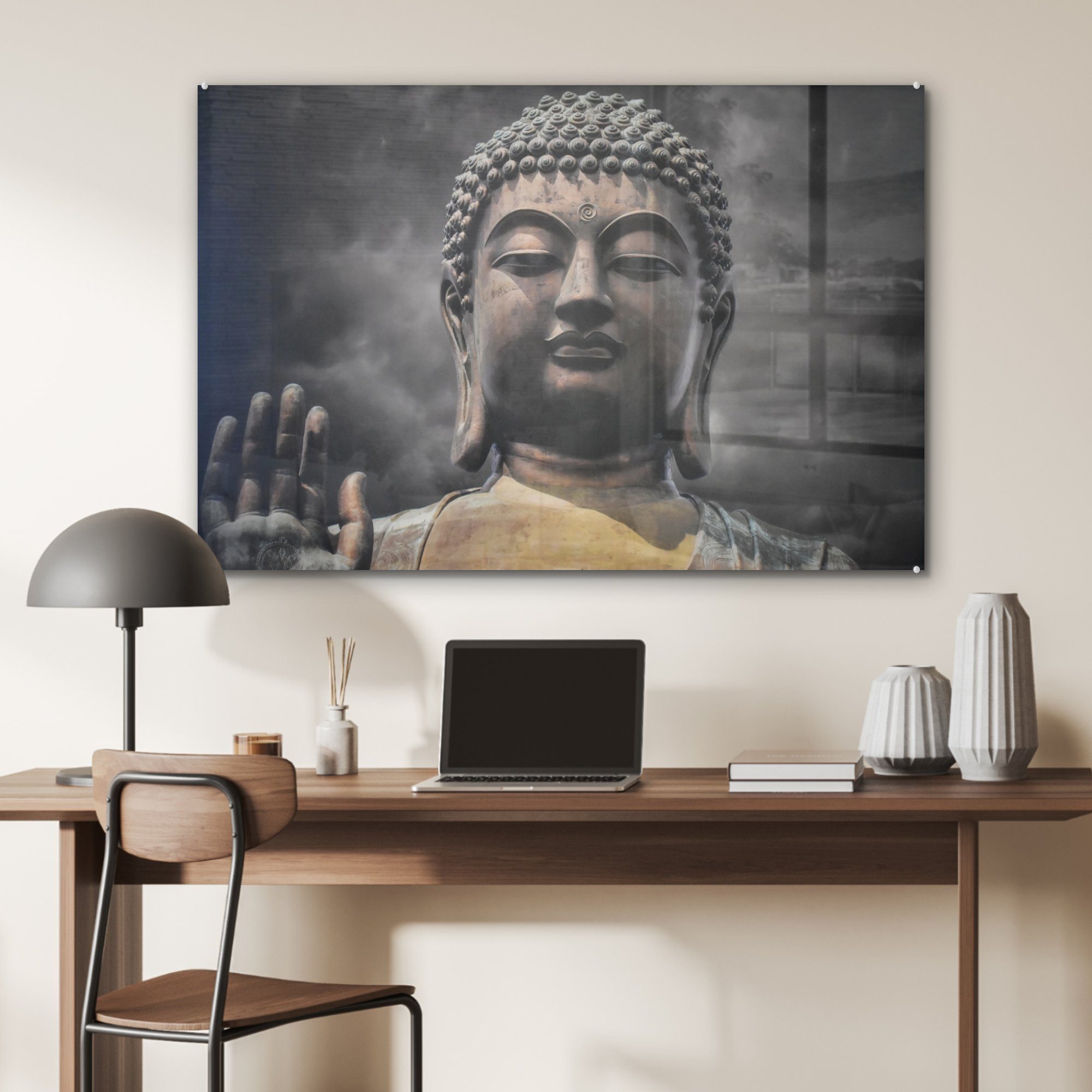 MuchoWow Acrylglasbild Schlafzimmer (1 Buddha - Gesicht Rauch, - Acrylglasbilder & Wohnzimmer St)