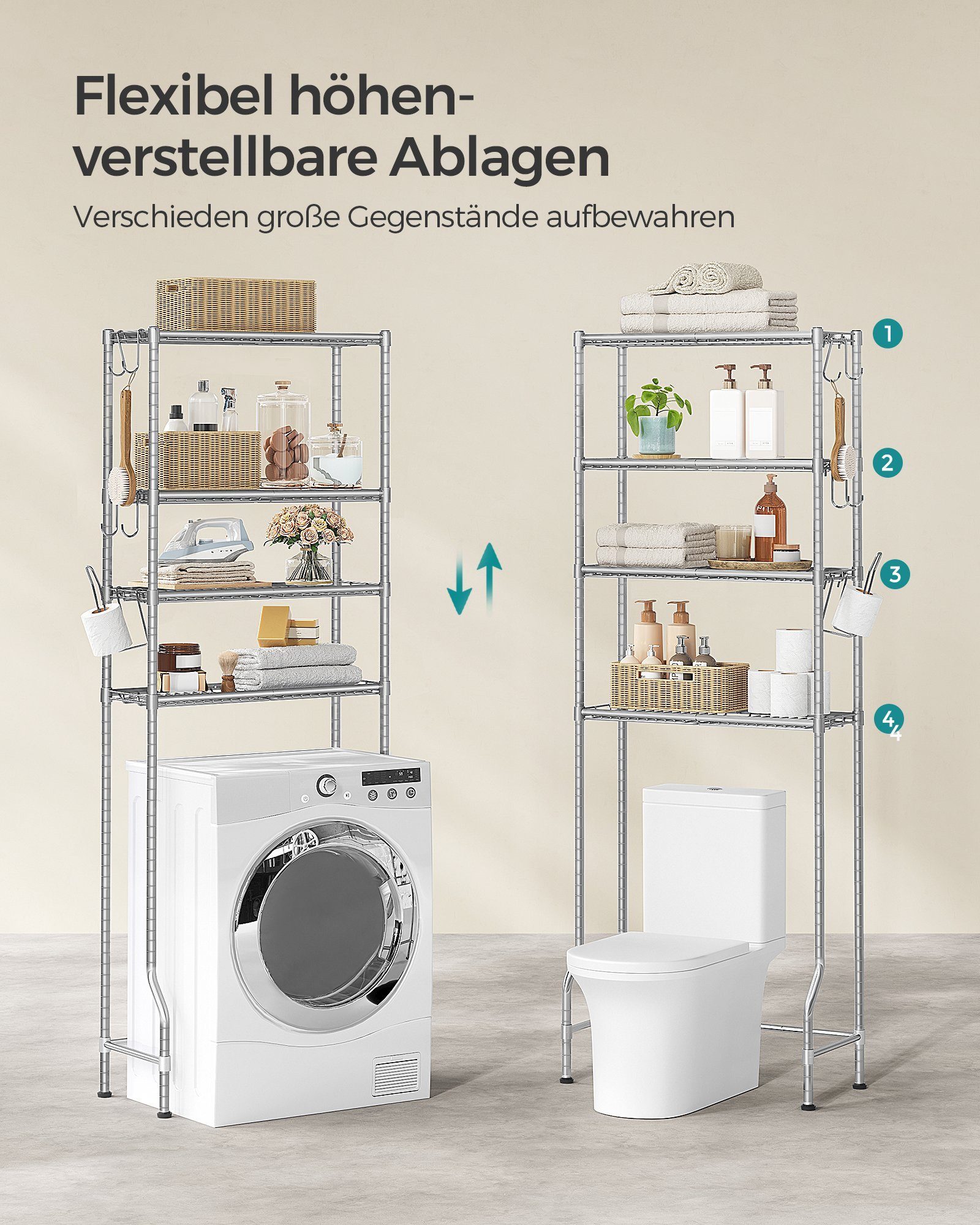 taubengrau Ablagen Toilettenpapierhalter SONGMICS Badezimmerregal, verstellbare Badregal Toilettenregal, 4-stöckiges