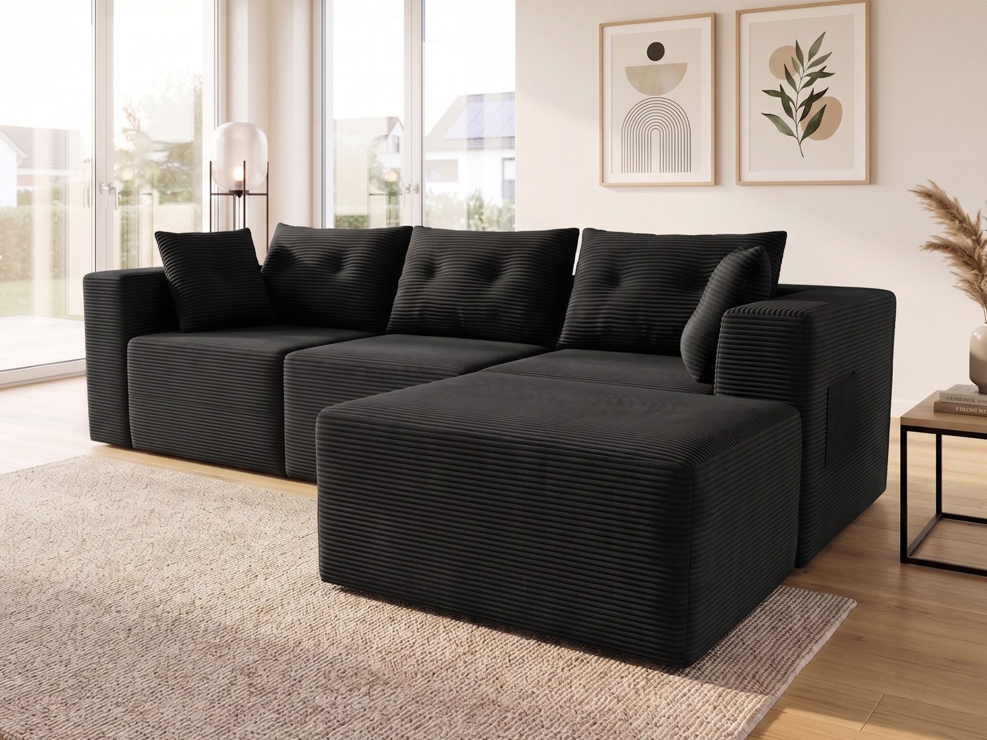 GLP Ecksofa Modulares Sofa aus Cord 254 cm breit, keine Montage erforderlich, 4 flexibel kombinierbare Module, Taschenfederkern, 3-Sitzer mit Ottomane und 5 Kissen, für Wohnzimmer, Gästezimmer