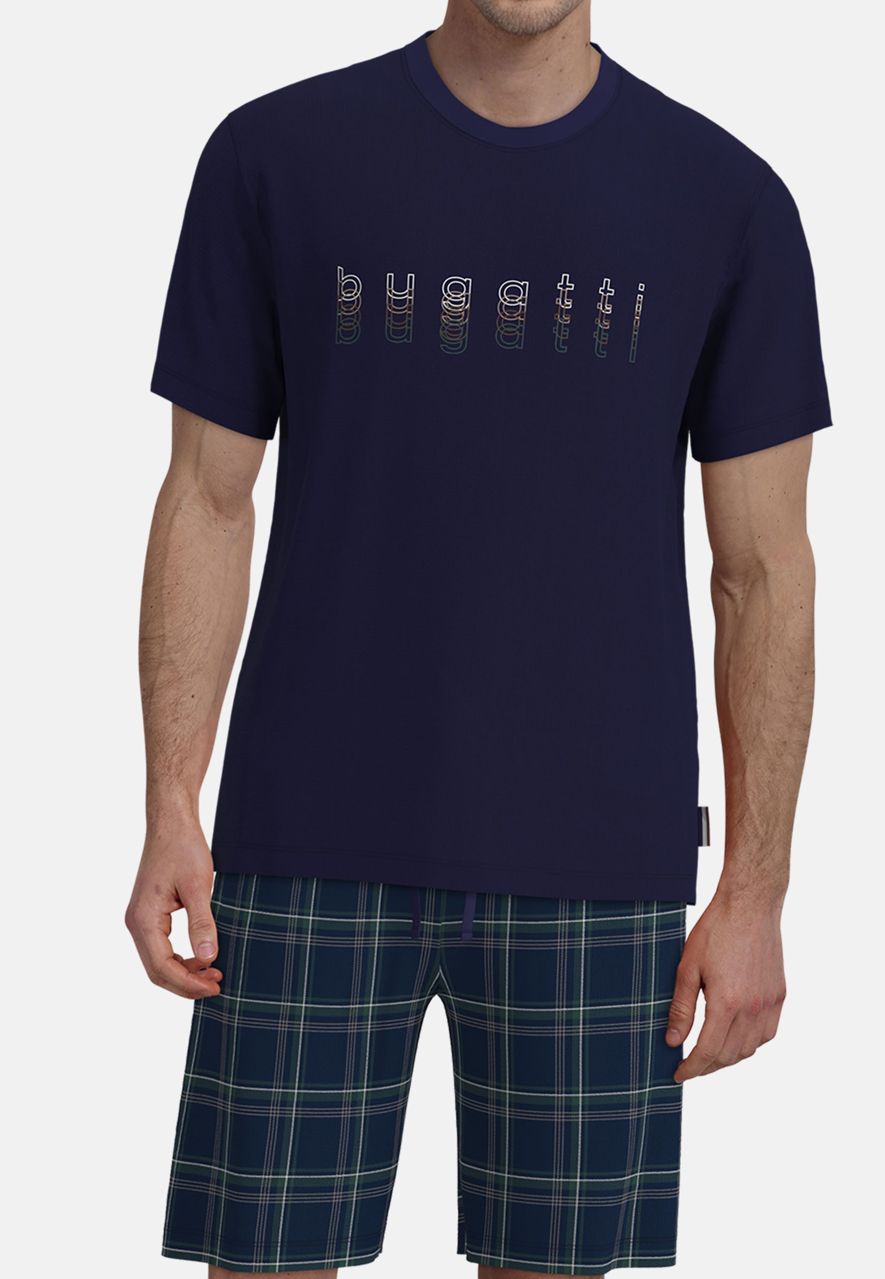 bugatti Shorty Kurzarm, Rundhalsausschnitt, kurze Hose, kariert, mit Logo, Baumwolle