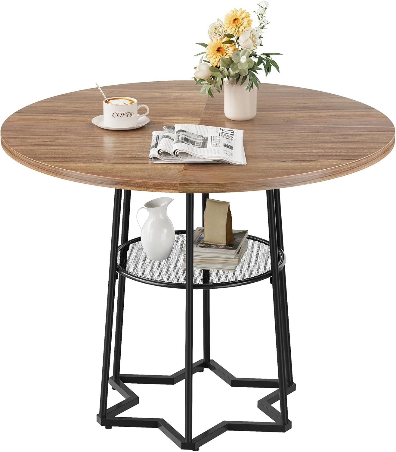 GarveeMore Esstisch Runder aus Holz mit Ablagefach für 4 Personen,98x98x76cm, Landhausküchentisch mit Metallgestell, für Esszimmer und Wohnzimmer