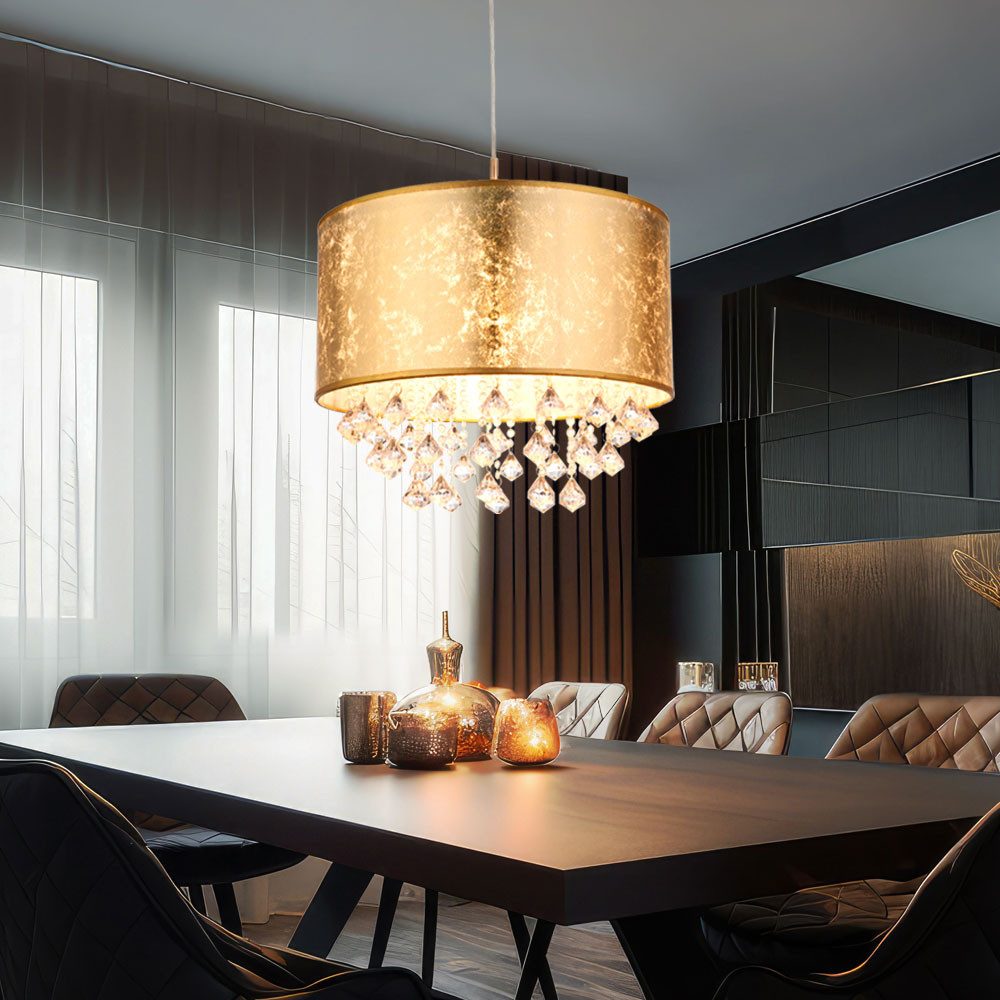 GLOBO LIGHTING LED Pendelleuchte, Leuchtmittel inklusive, Warmweiß, Hängelampe Esstischleuchte Pendellampe Textil gold Kristalle LED 140cm