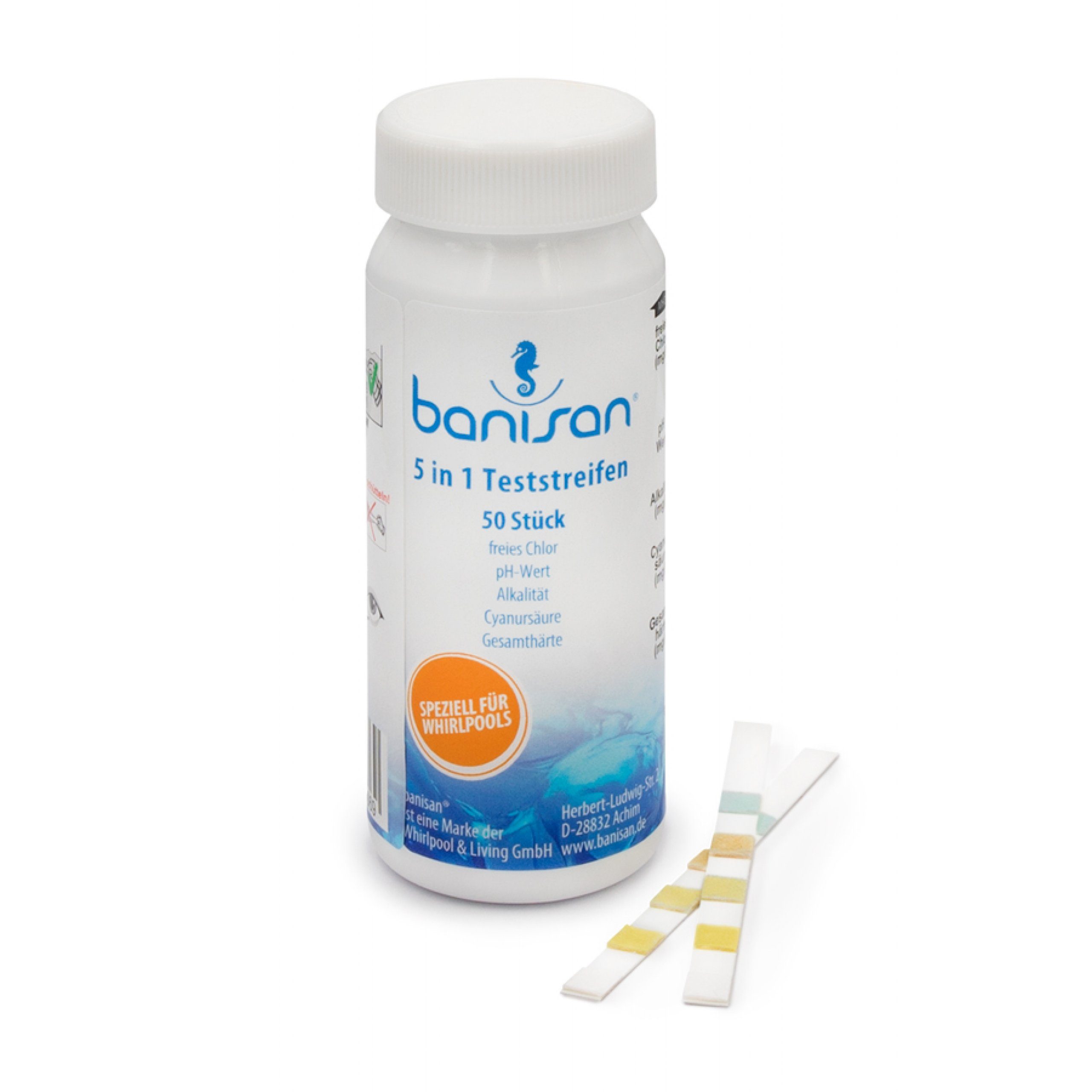 Banisan Pooltester Banisan Teststreifen 50 Stück 5 in 1 für Chlor, pH