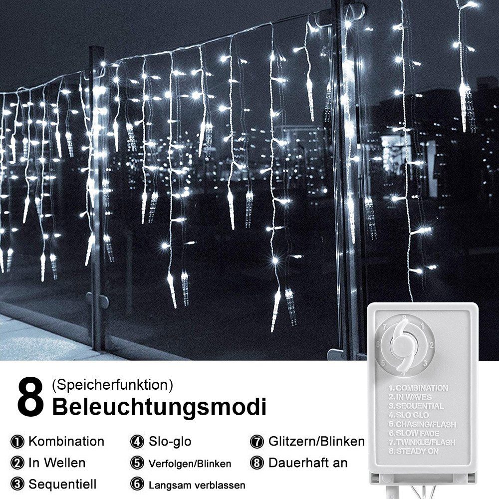 anschließbar Weiß Traufe Rosnek 8 Eiszapfen-Anhänger, Weihnachtsdeko, LED-Lichtervorhang wasserdicht, Modi, für Memory-Funktion;