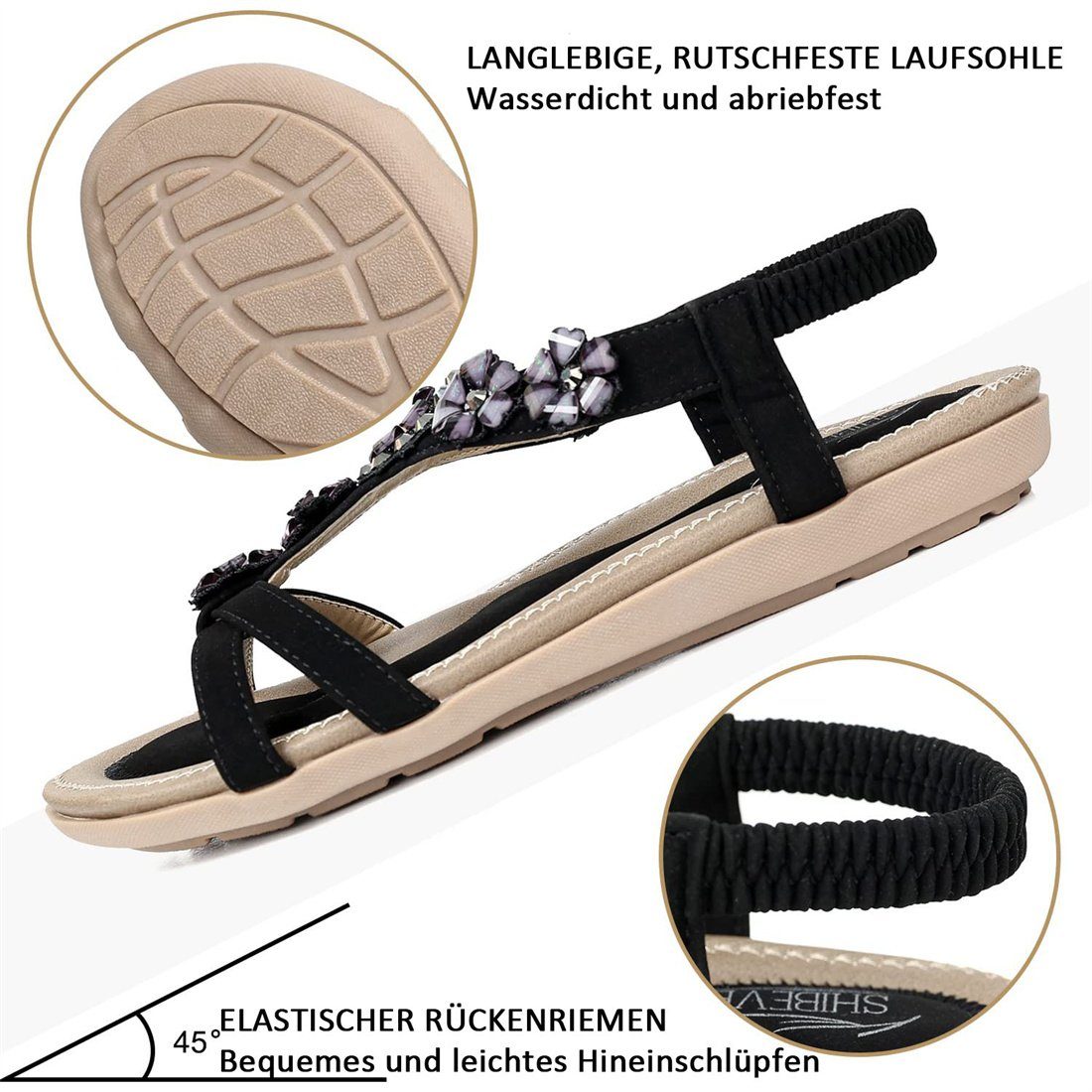 DÖRÖY Bohemian Strass-Sandalen, Frauen, Schwarz für Schuhe flache Riemchensandale Strandschuhe
