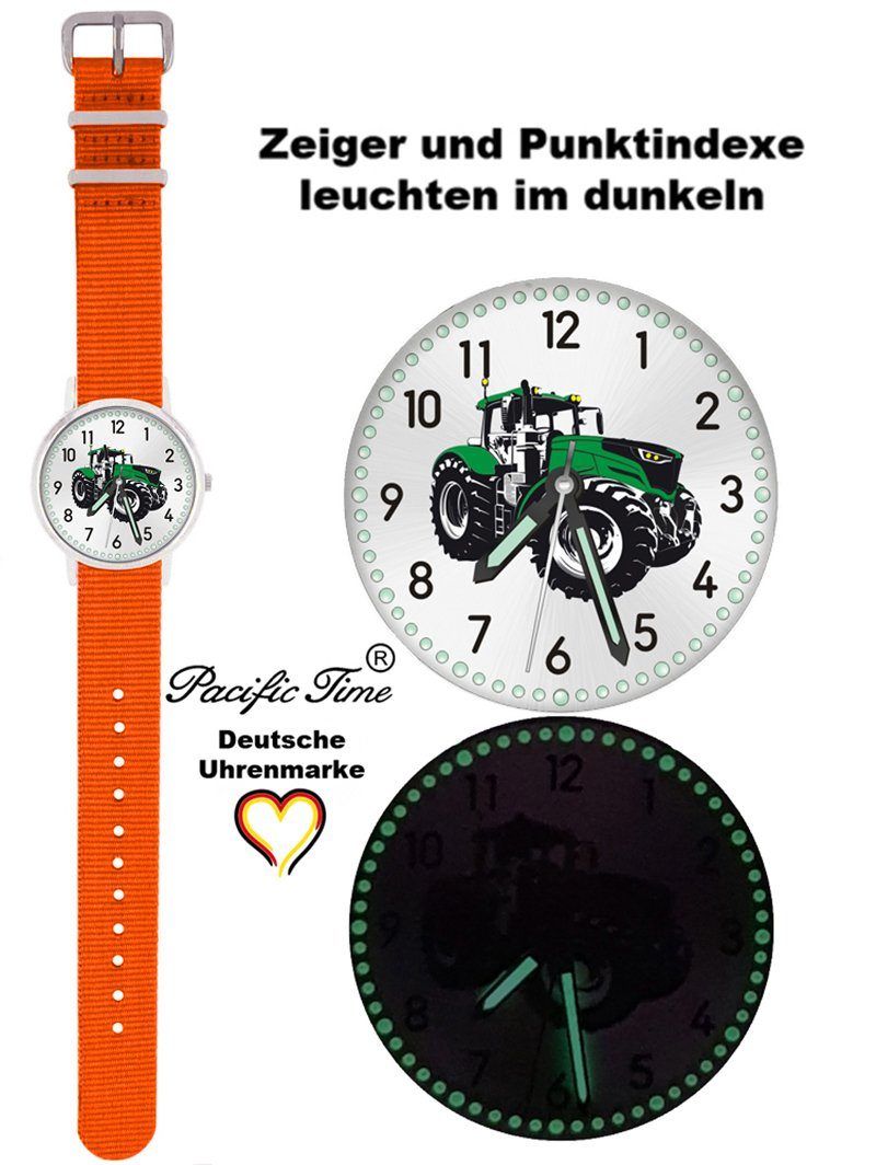 Pacific Time Quarzuhr Kinder Armbanduhr Wechselarmband, grün Gratis orange und Versand Match Traktor Design - Mix