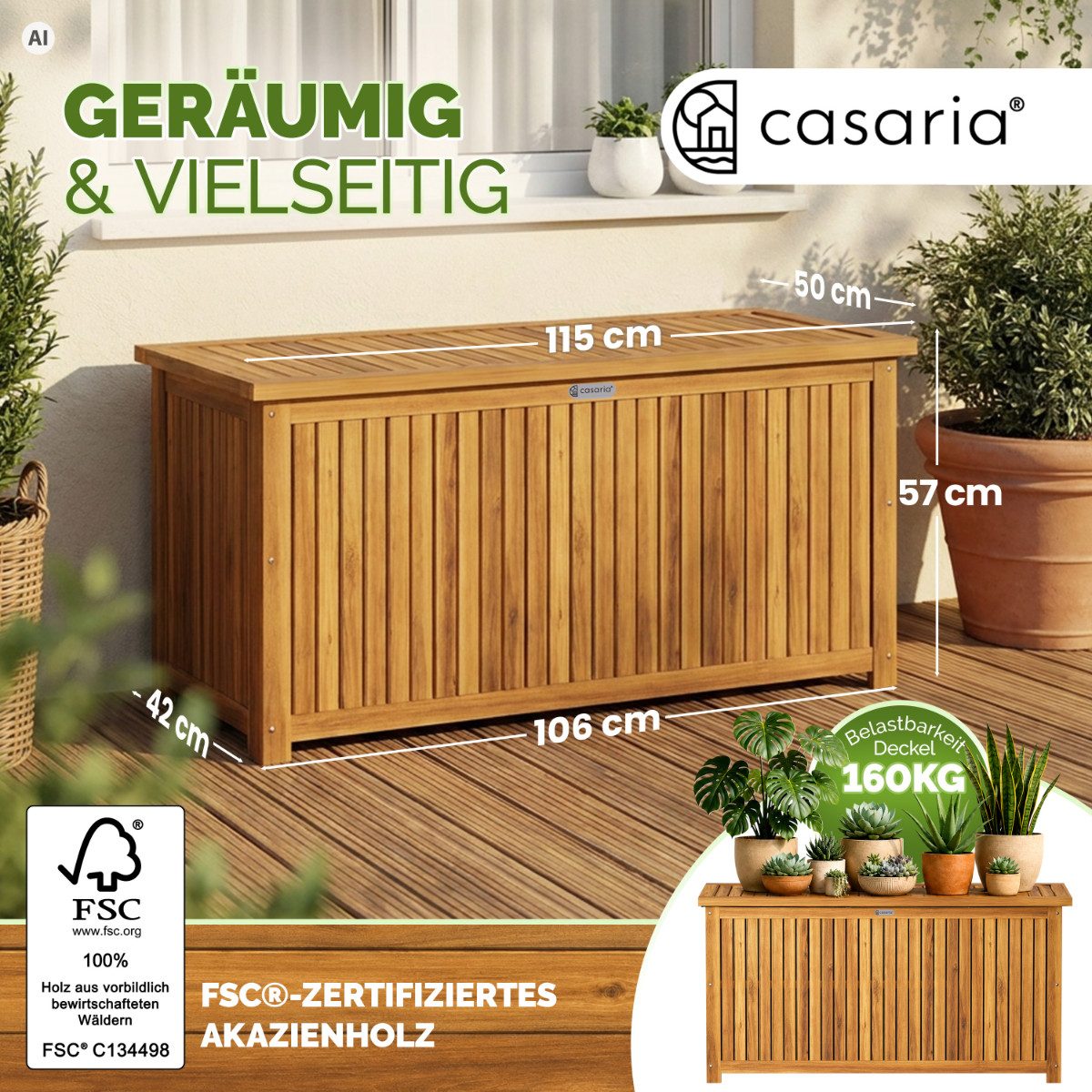 Casaria Auflagenbox, Gartenbox Akazienholz 115x50x59cm mit Innenplane wetterfest 205L