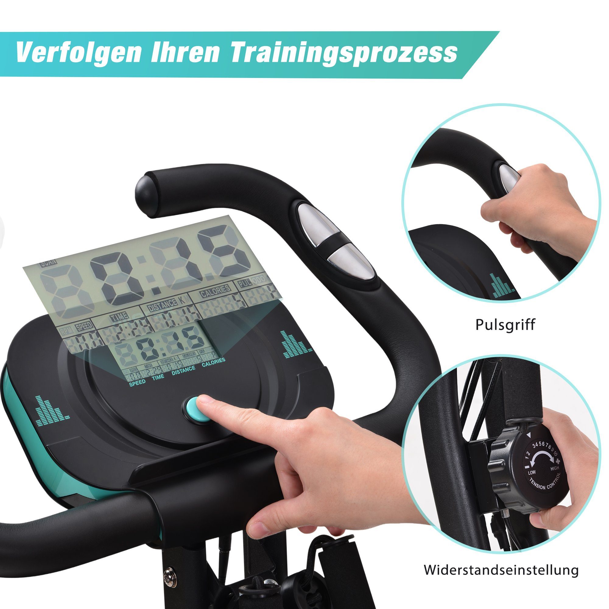 Fitnessgeräte Expanderbändern blau X-bike Widerstandsstufen, & Heimtrainer 10 Handpulssensoren mit mit Merax 3-in-1
