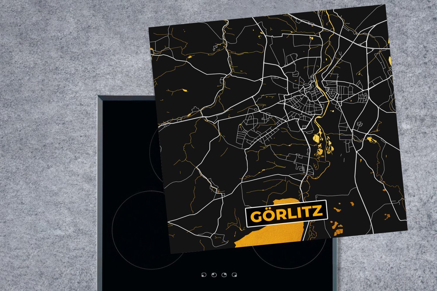 - - - Arbeitsplatte Herdblende-/Abdeckplatte Görlitz Vinyl, und Gold - (1 Stadtplan 78x78 für Ceranfeldabdeckung, tlg), Deutschland MuchoWow Schwarz Karte, küche cm,