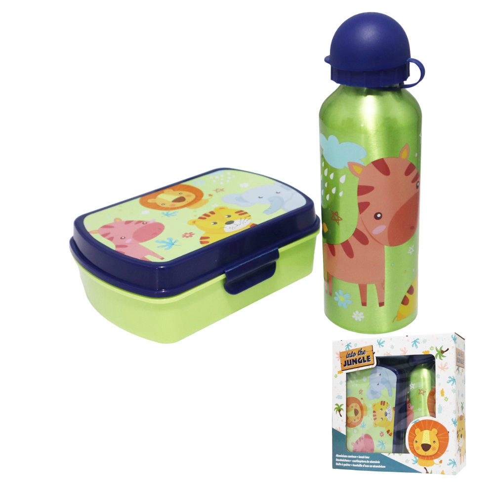 Kids Euroswan Lunchbox Jungle Friends 2 tlg Kinder Lunch Set Brotdose Alu Trinkflasche 500 ml, Kunststoff Alu, (2-tlg)