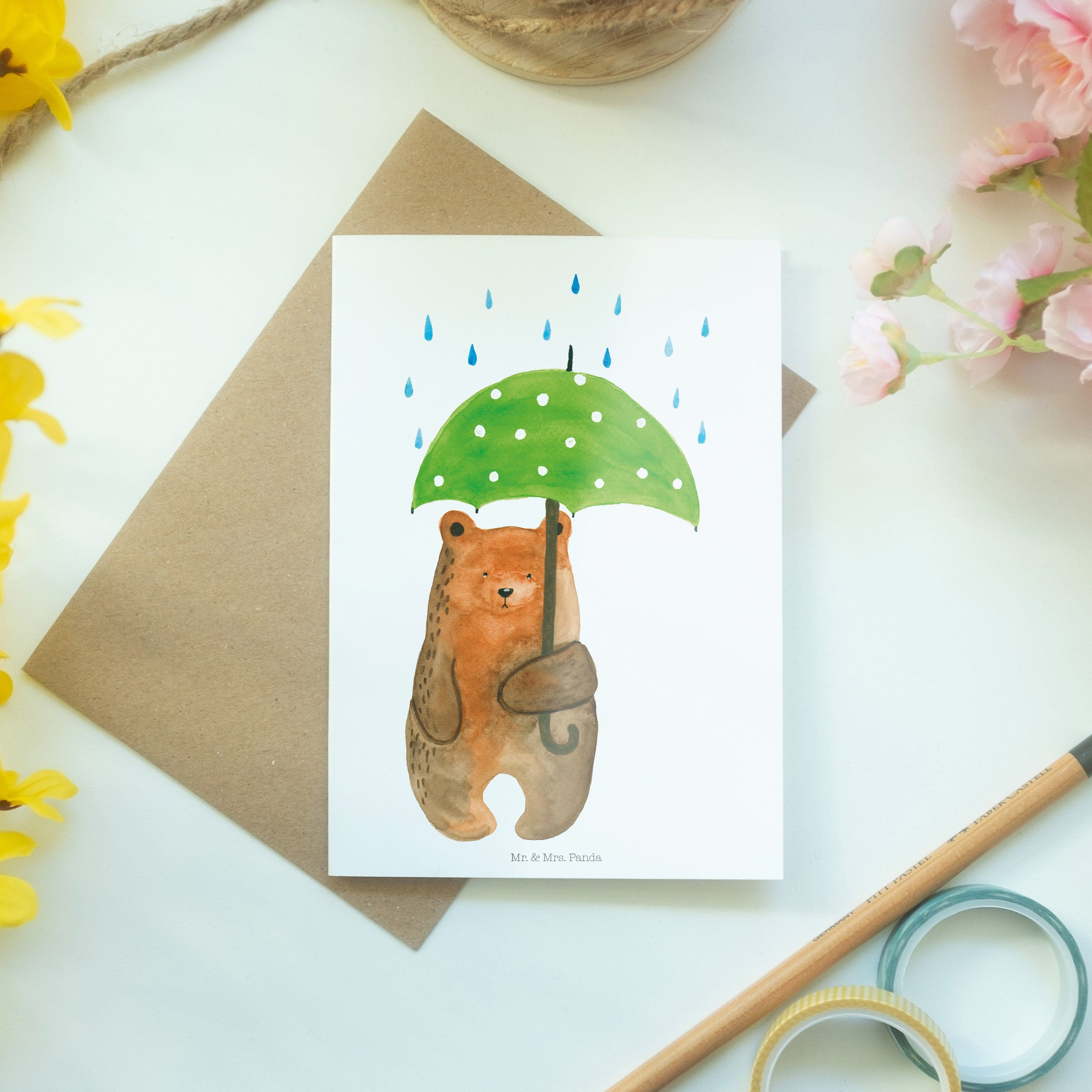 Mr. & Mrs. Panda Regenschirm Grußkarte - Geschenk, Liebe - Teddy, Weiß mit Glückwunschkarte, Bär