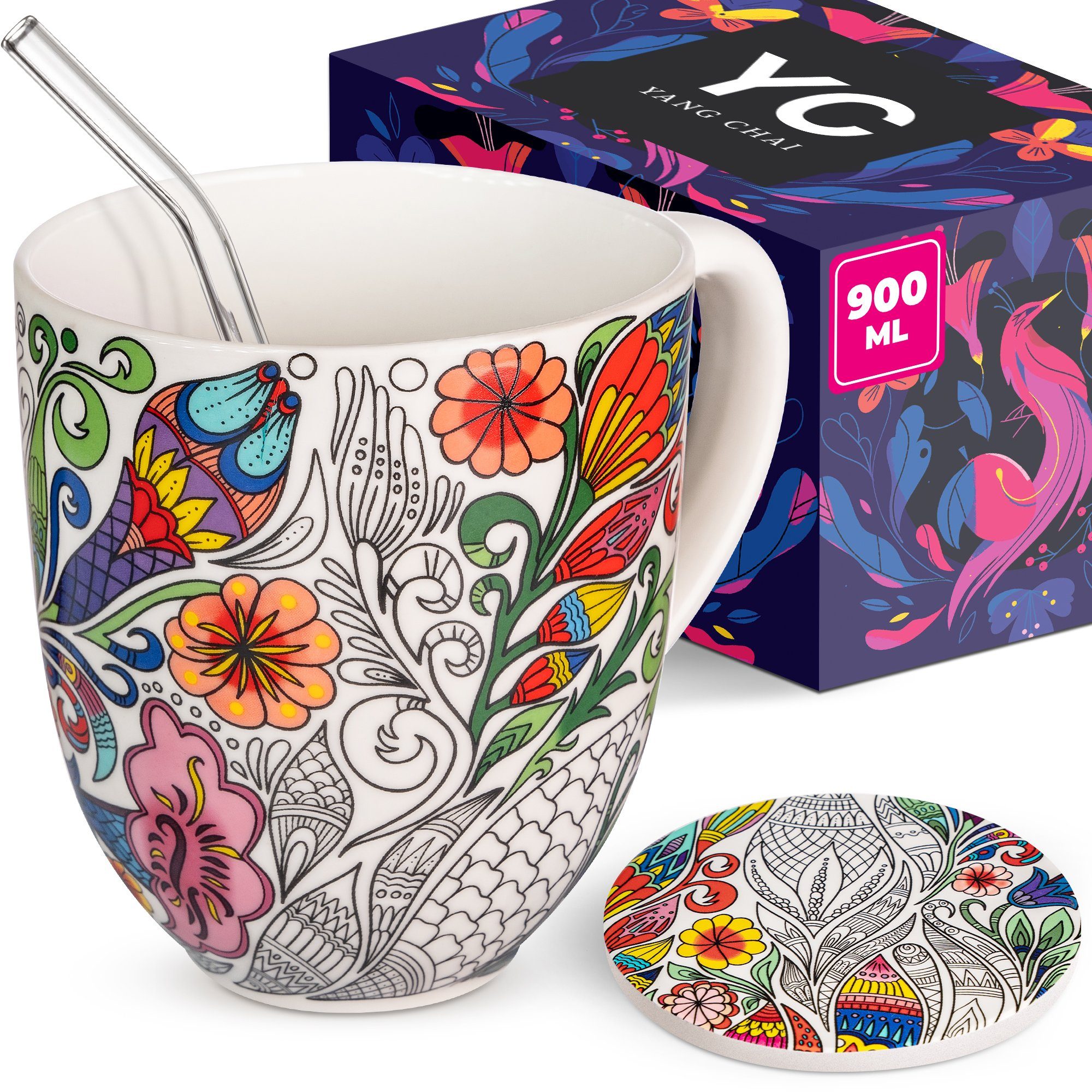 Yang Chai Tasse XXL Teetasse, Große Jumbotasse mit 900ml Fassungsvermögen (Nature), Porzellan, 4-teiliges hochwertiges Teeset mit Blüten Ornament