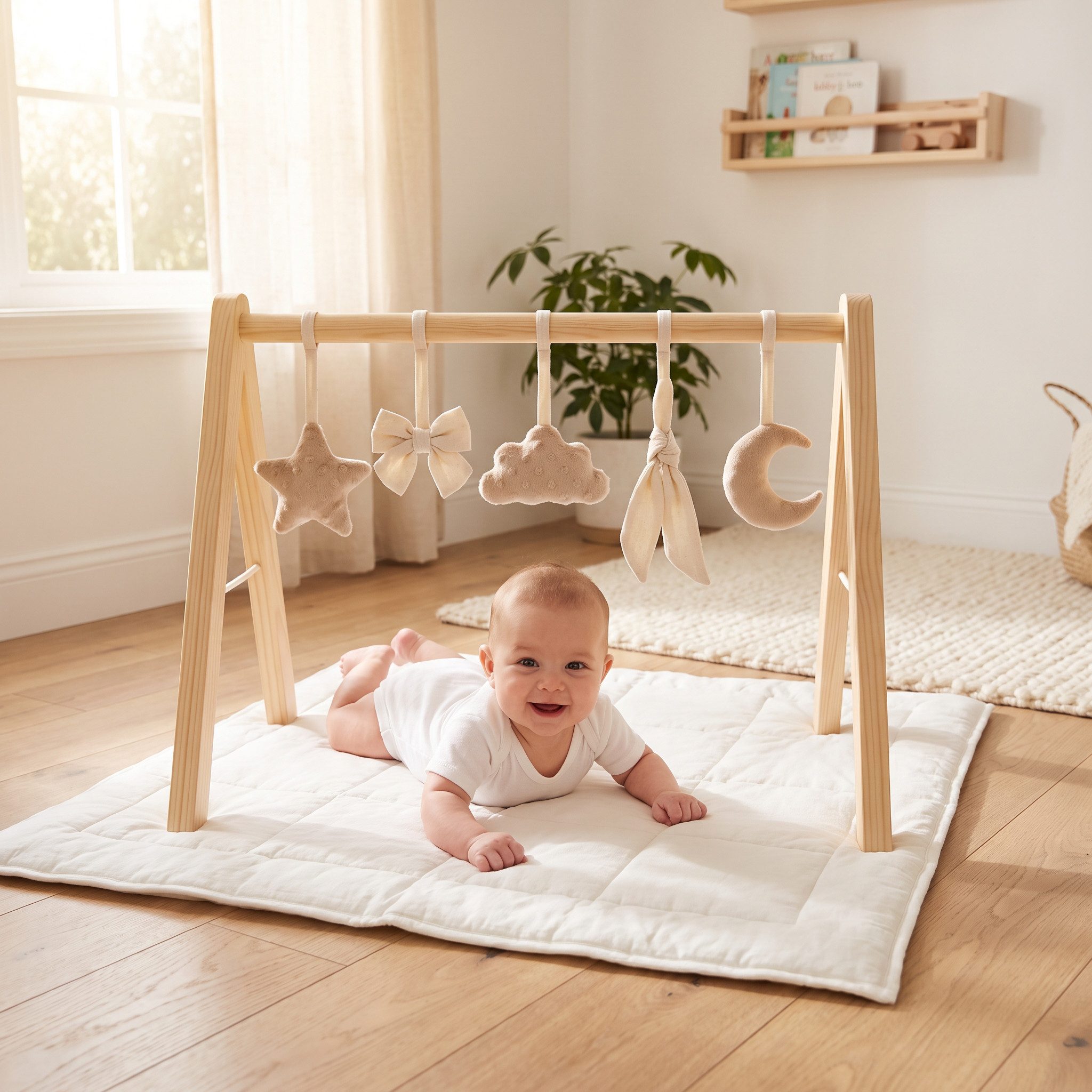 LuMali Baby Gym Holz Spielbogen klappbar 5 Spielzeuge 41x58x49cm Naturholz Kiefer, Spieltrapez Neugeborene sensorisch handgemacht faltbar leicht Geschenk