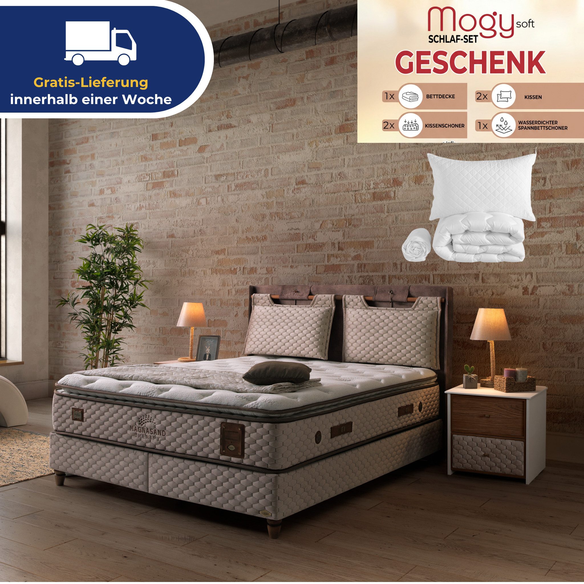 Bambi Boxspringbett Magnasand Stauraumbett inkl. Matratze und Kopfteile (Set, 2 Bettkästen, 1 Kopfteil, 1 Matratze), inkl. Lieferung