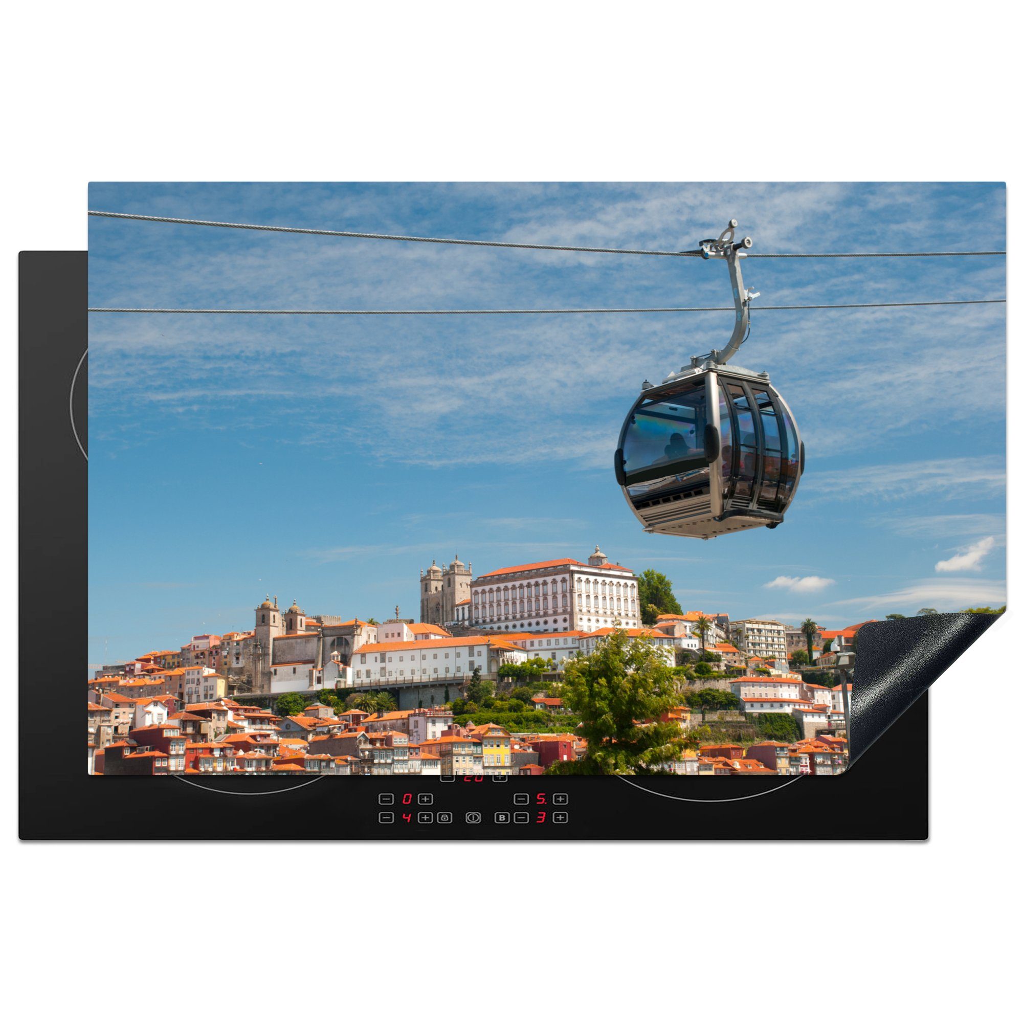 MuchoWow Herdblende-/Abdeckplatte Seilbahn mit Porto City im Hintergrund, Vinyl, (1 tlg), 81x52 cm, Induktionskochfeld Schutz für die küche, Ceranfeldabdeckung