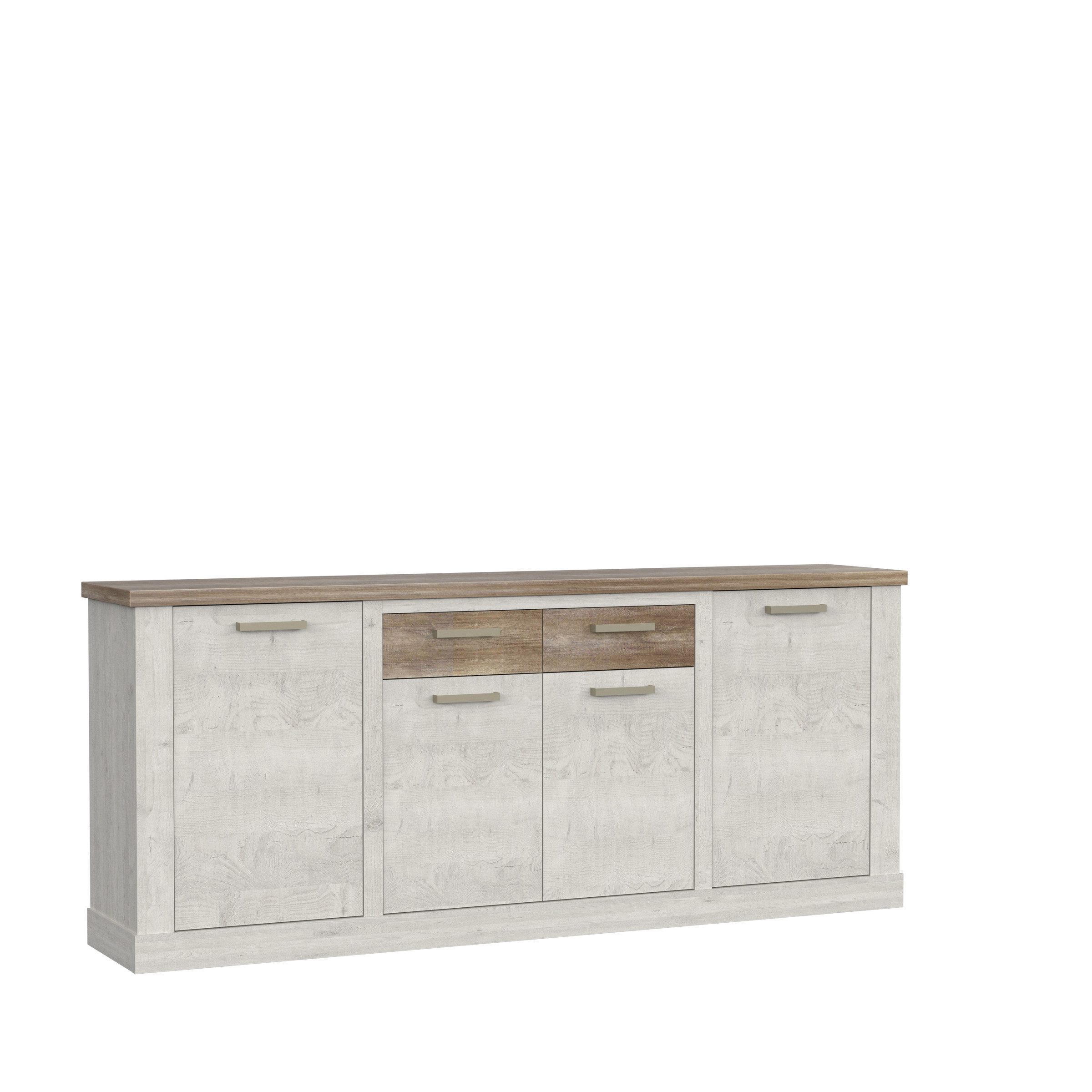 möbelando Sideboard aus Holzwerkstoff in Pinia Weiss kombiniert mit Eiche Antik (BxHxT: 212,9x90,3x41,3 cm)