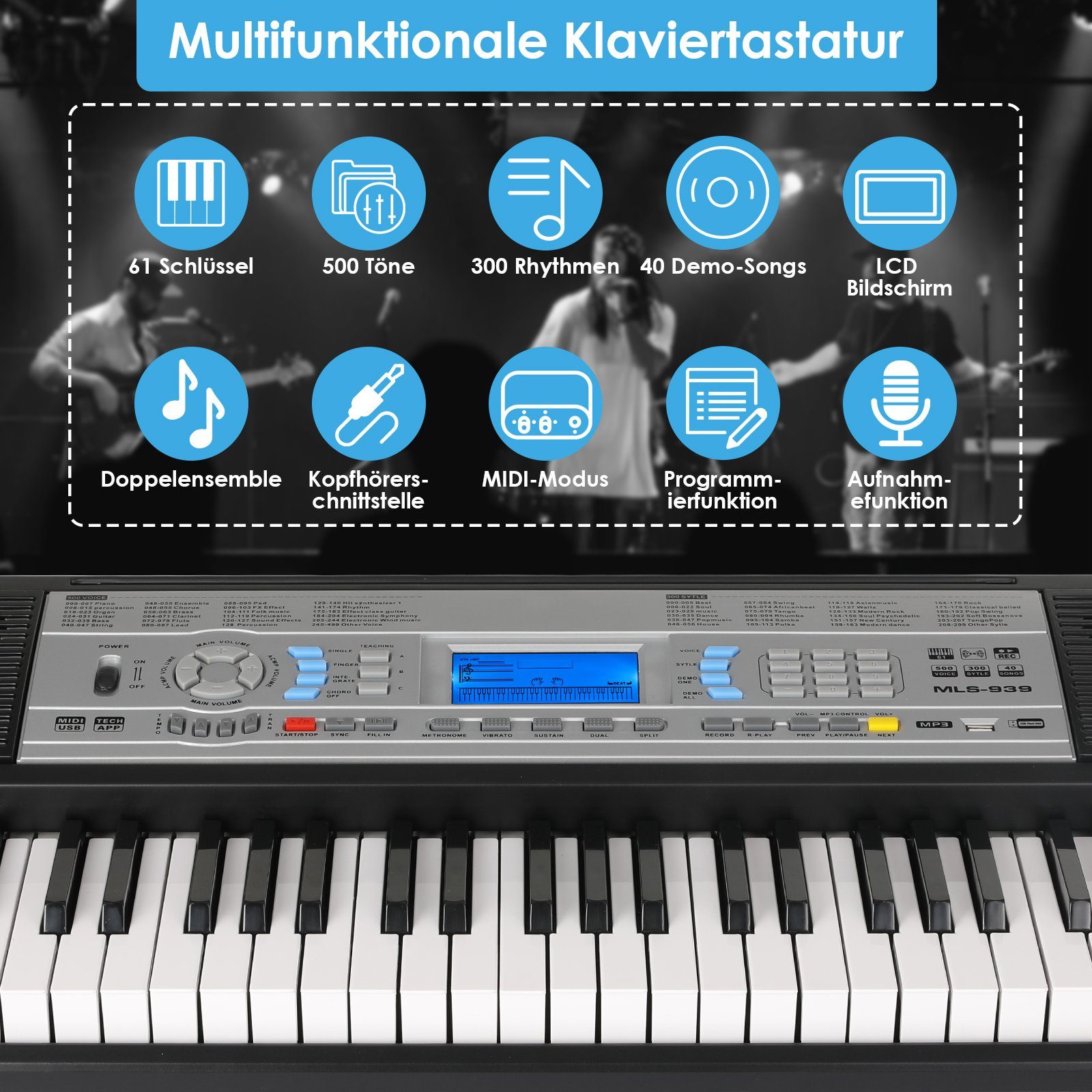 TLGREEN Digitalpiano Keyboard Piano, Digital Klavier 61 Tasten, E-Piano Tastatur, Stagepiano, Home-Keyboard, für Anfänger
