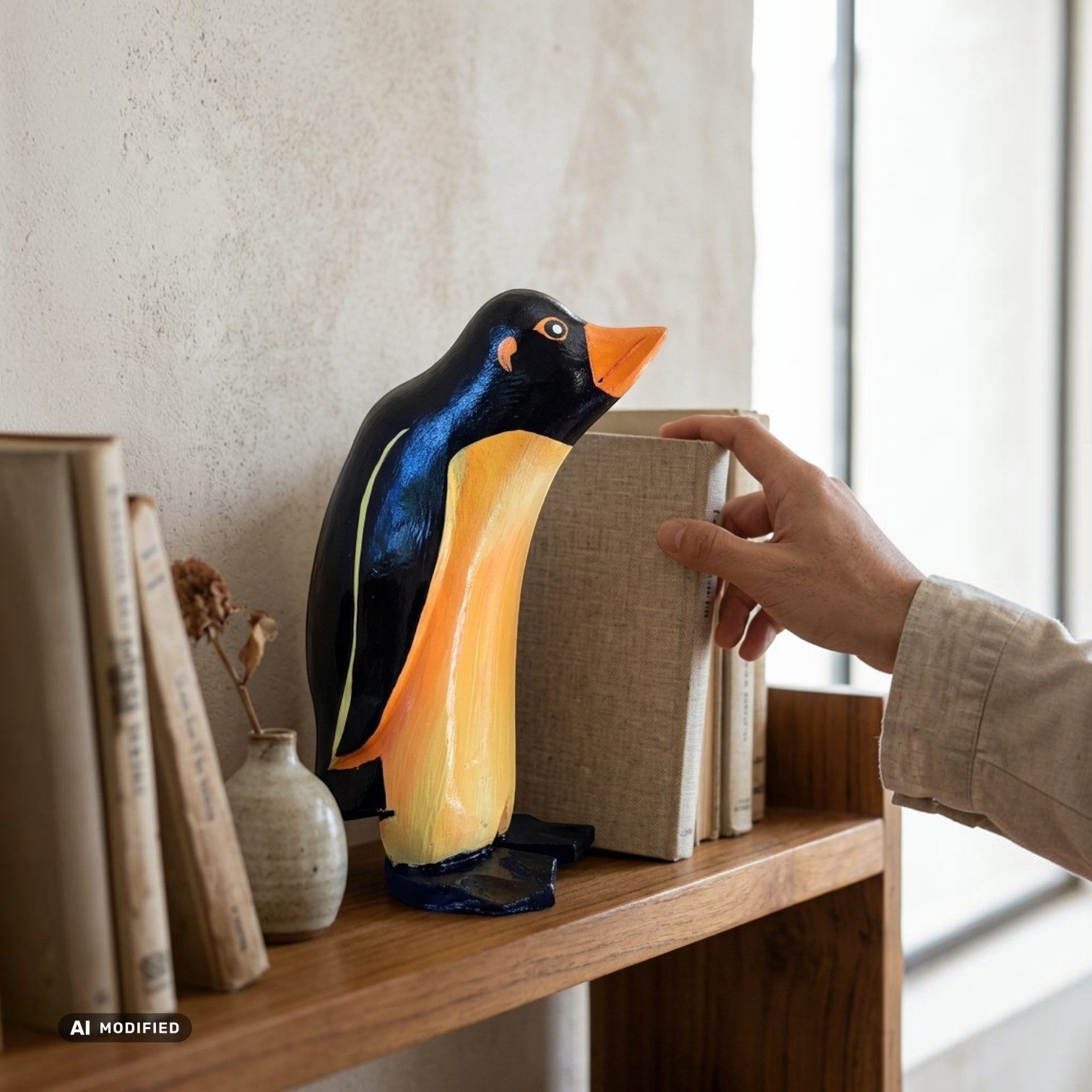 Kinaree Dekofigur Deko Pinguin Bambus-Wurzel handbemalt Indonesien Tierfigur, Handgefertigt auf Bali, handbemalt, jedes Stück ein Unikat