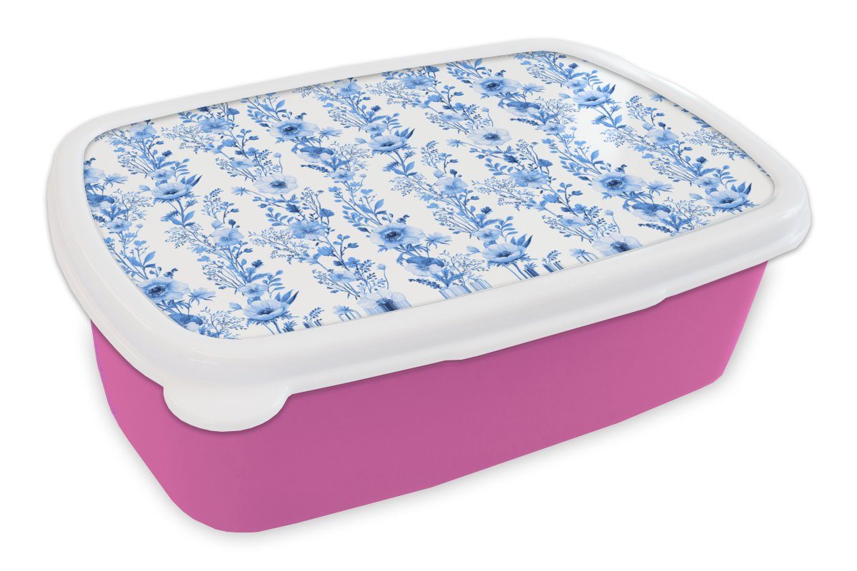 MuchoWow Lunchbox Blumen - Anemone - Blau - Muster, Kunststoff, (2-tlg), Brotbox für Erwachsene, Brotdose Kinder, Snackbox, Mädchen, Kunststoff rosa