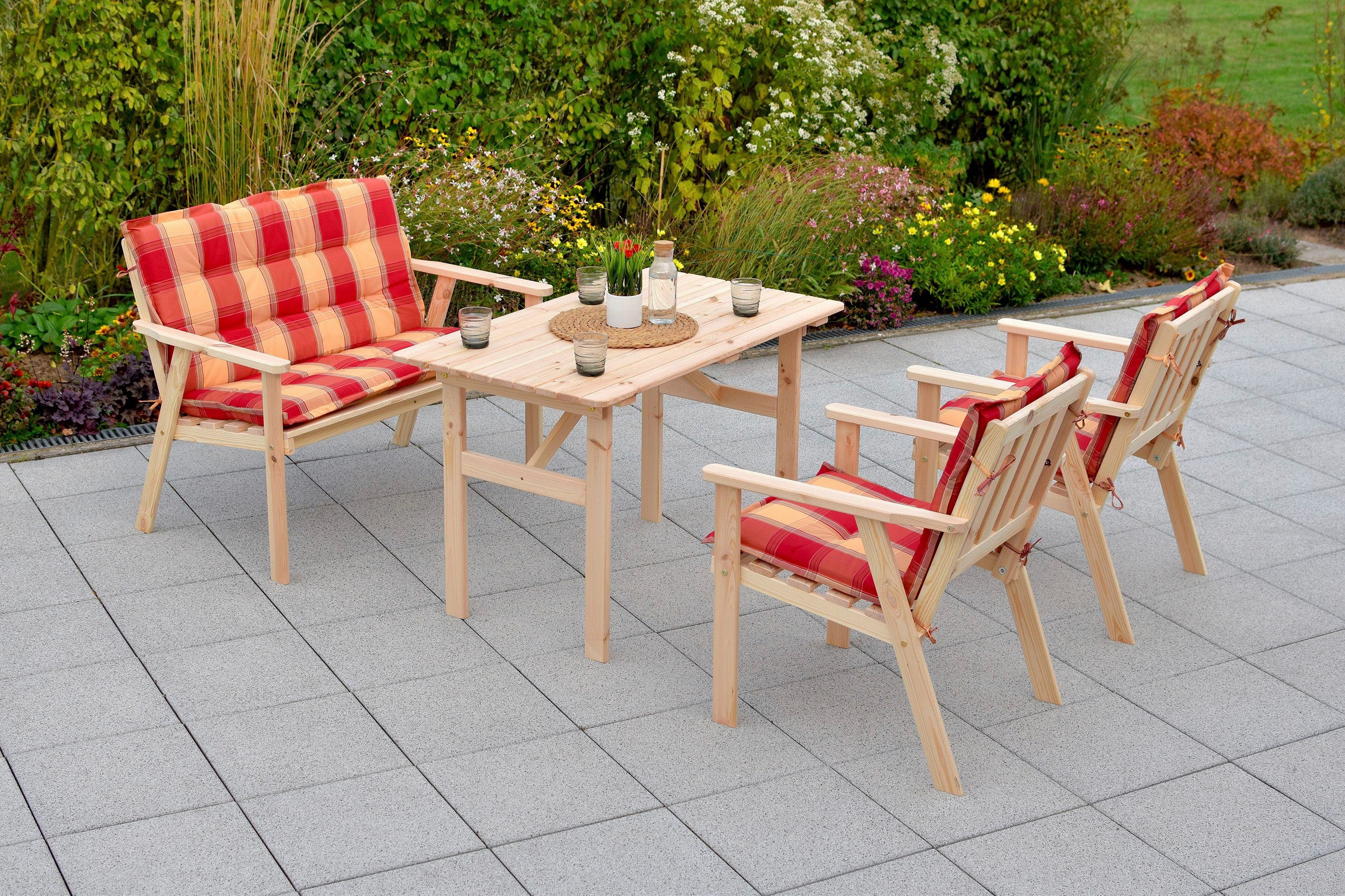MERXX Garten-Essgruppe Sylt, (7-tlg., 2x Sessel, 1x Bank, 1x Tisch, inkl. Auflagen), Kiefernholz