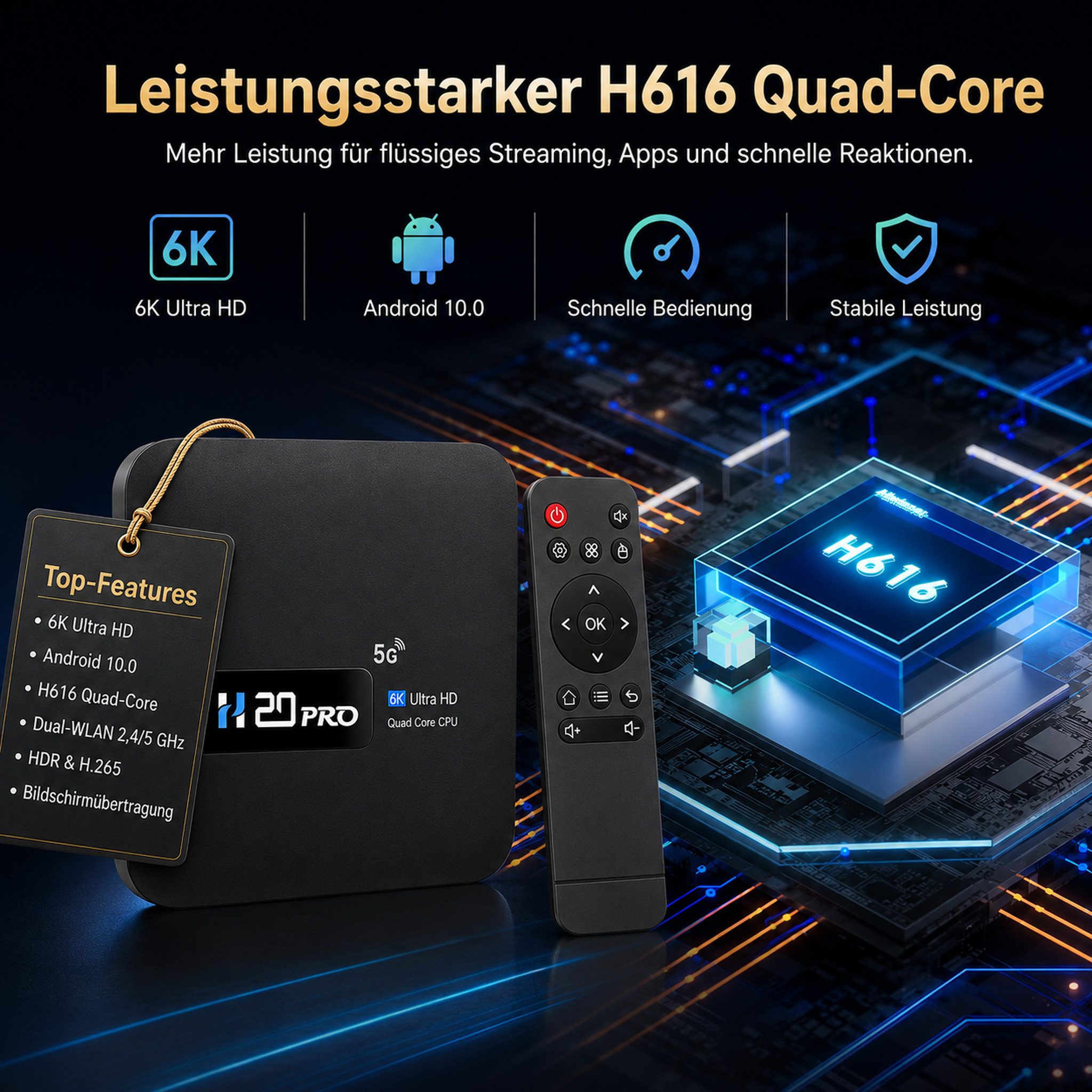 HS.SUPPLY Streaming-Box 6K UHD Smart TV Box Android 10, H616 Quad-Core, Dual-WLAN, HDMI & LAN, (1 TV-Box inklusive Zubehör), Quad-Core-Prozessor, 6K-UHD-Unterstützung, HDR-Unterstützung