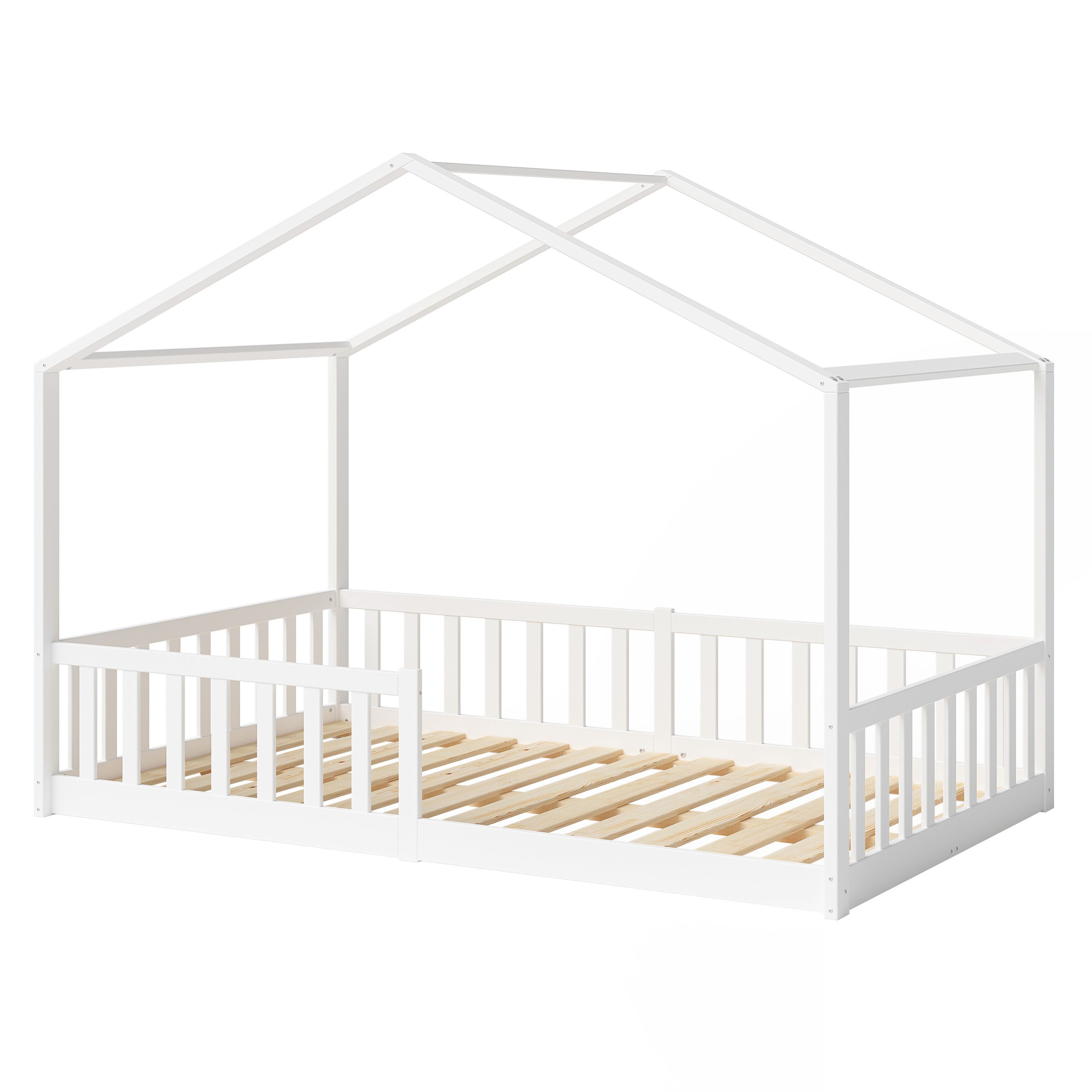 Bellabino Hausbett Bia (weiß, 90x200 cm, Bodenbett mit Rolllattenrost und Rausfallschutz), bodentiefes Kinderbett 120x200 cm