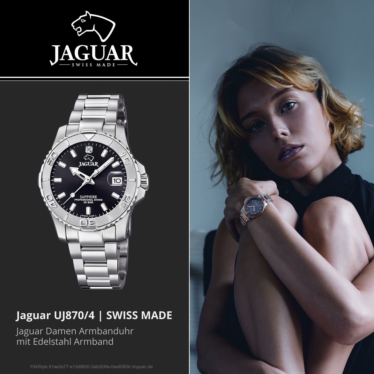 Uhr Gehäuse, Edelstahlarmband, Fash 34mm), Quarzuhr mittel Damenuhr mit (ca. Damen Jaguar rundes Edelstahl Analog, JAGUAR J870/4
