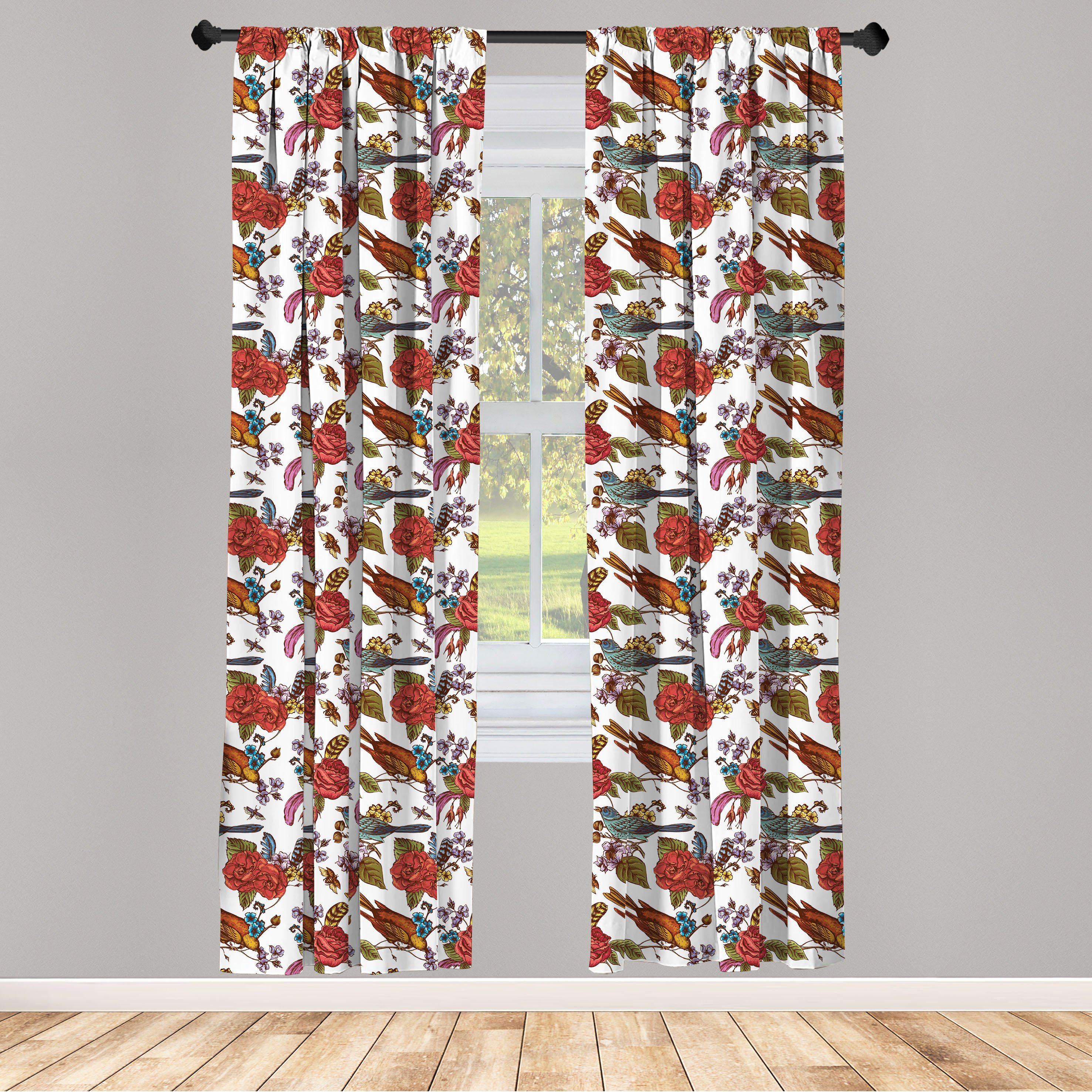 Gardine Vorhang für Wohnzimmer Schlafzimmer Dekor, Abakuhaus, Microfaser, Botanisch Blühende Bouquets Vögel | Fertiggardinen