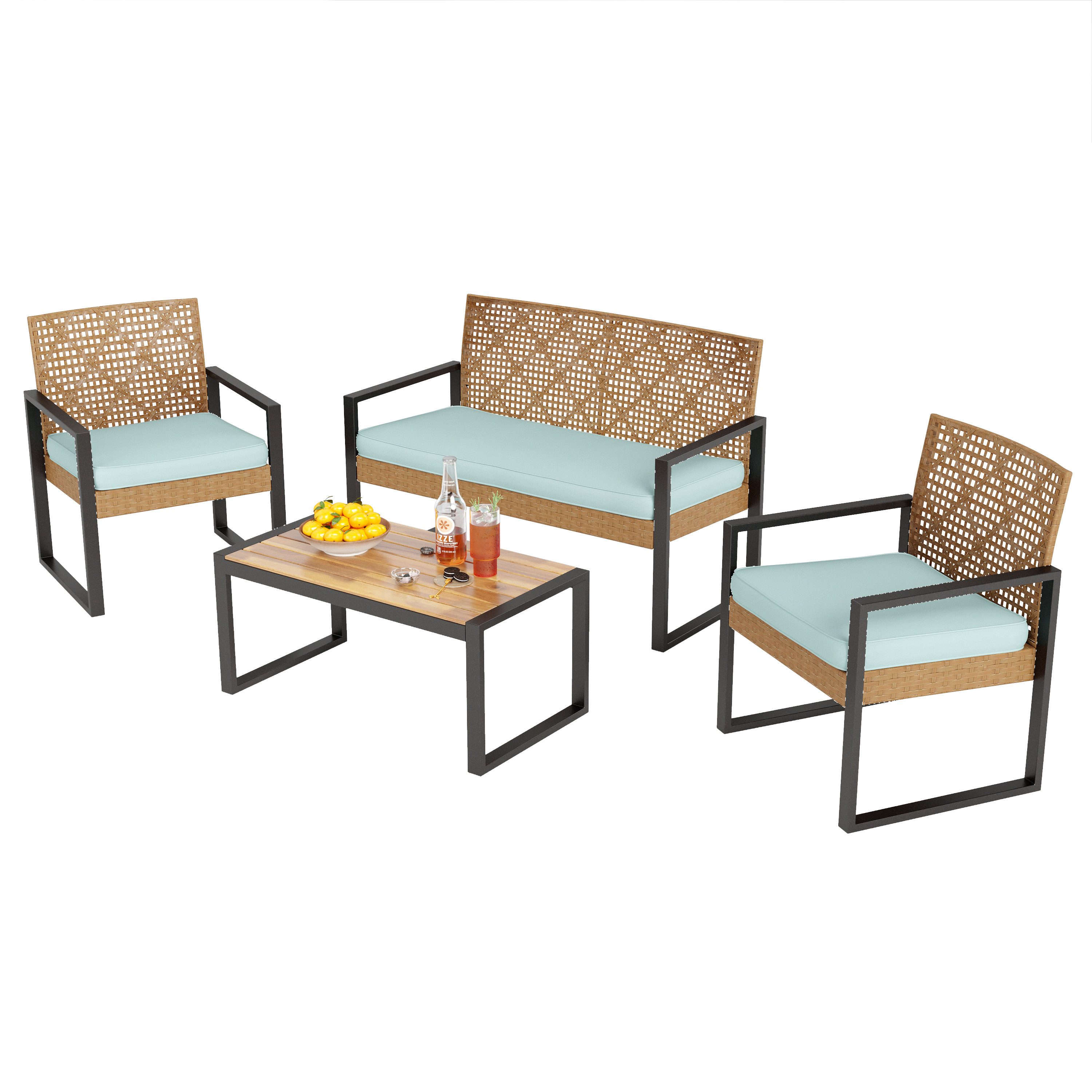 PHI VILLA Gartenlounge-Set, (4 Personen Outdoor Lounge Möbel Gartensofa, mit 1 x 2-Sitzer Sofa, 2 x Sessel und 1 x Tisch), Gartenmöbel Balkonmöbel Set