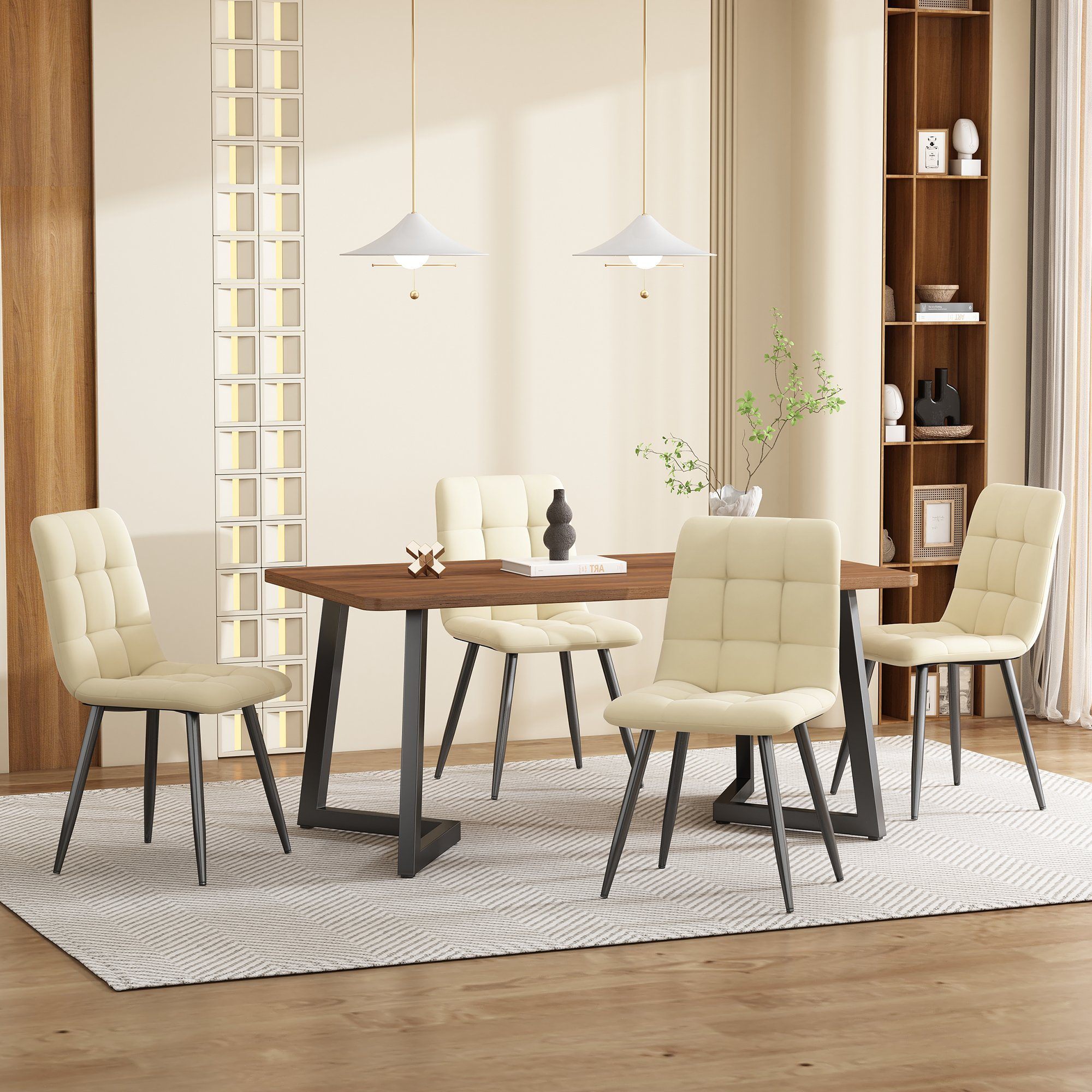 OKWISH Esstisch Essgruppe,Esstisch mit Stühlen Set, Moderner Küchentisch Set (Essgruppe 5-teilig: Moderner Küchentisch mit 4 Stühlen, Walnuss MDF, Schwarze Metallbeine, Ergonomische Leinenstühle, Stuhl:44*41*86 /Esstisch:117*68*75), 4 Stühlen