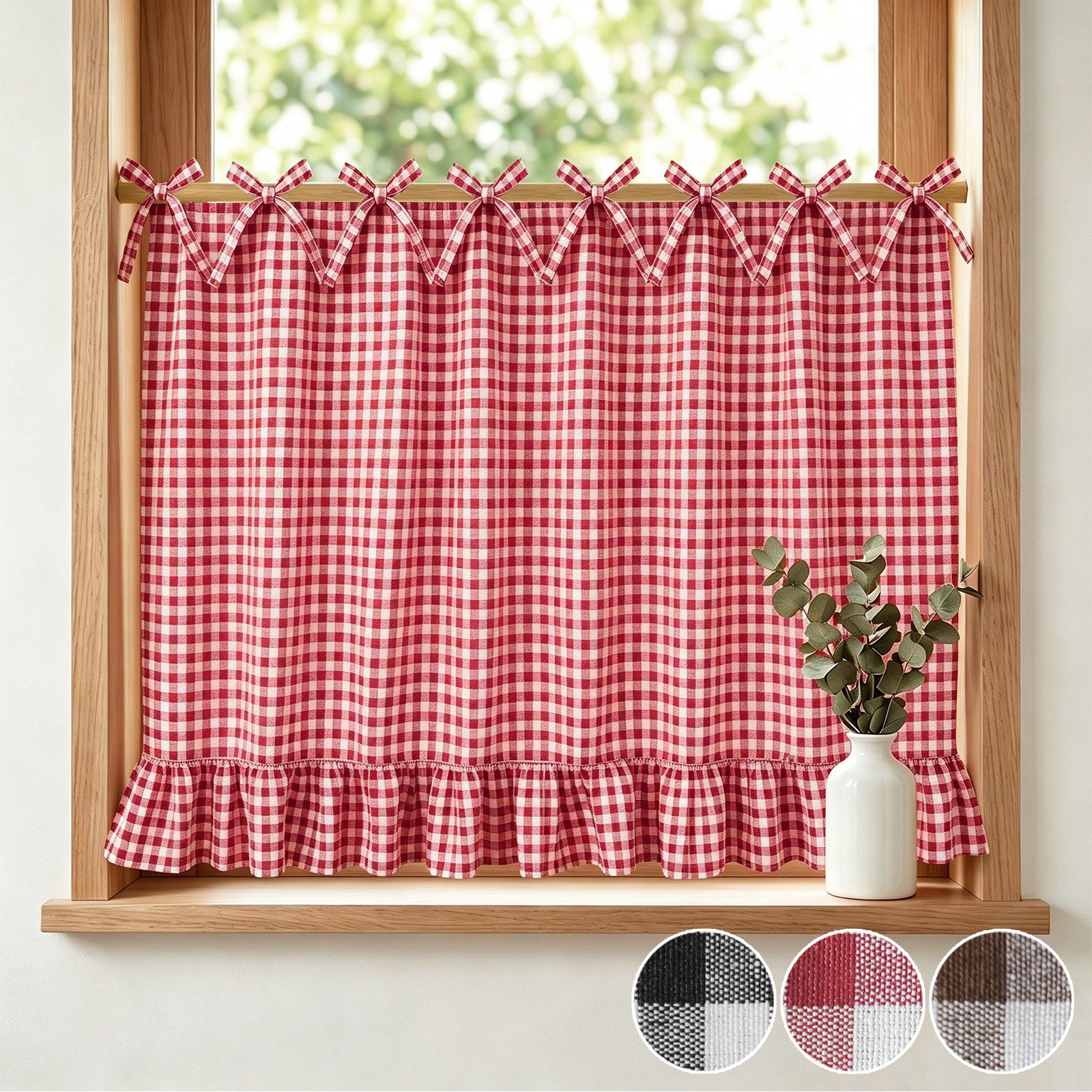 Lapamax Gardine Karierter Kurzvorhang mit Bindebändern, 77 x 55 cm, 1-teilig kompakt (1 St), Bindebänder, halbtransparent, Polyester, Buffalo-Karo, Rüschenkante und acht Paar Bindebänder mit Schleifen