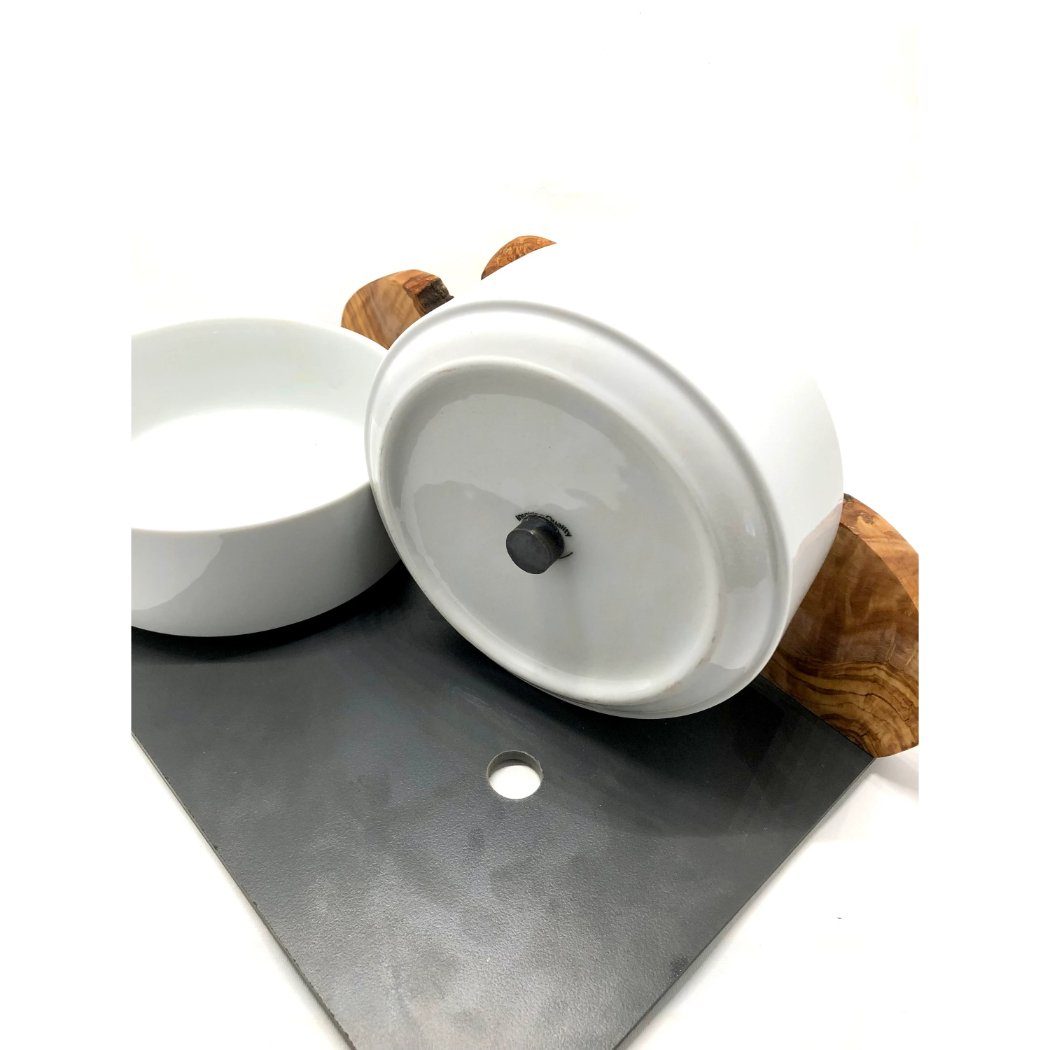 Olivenholz-erleben Futterstation 2-in-1 Futter- & Trinkstation MOUNTAIN Olivenholz mit 2x 1,5l Schalen, Porzellan, Einzigartiger „Berg-Effekt“ aus Olivenholz – jedes Stück ein Kunstwerk