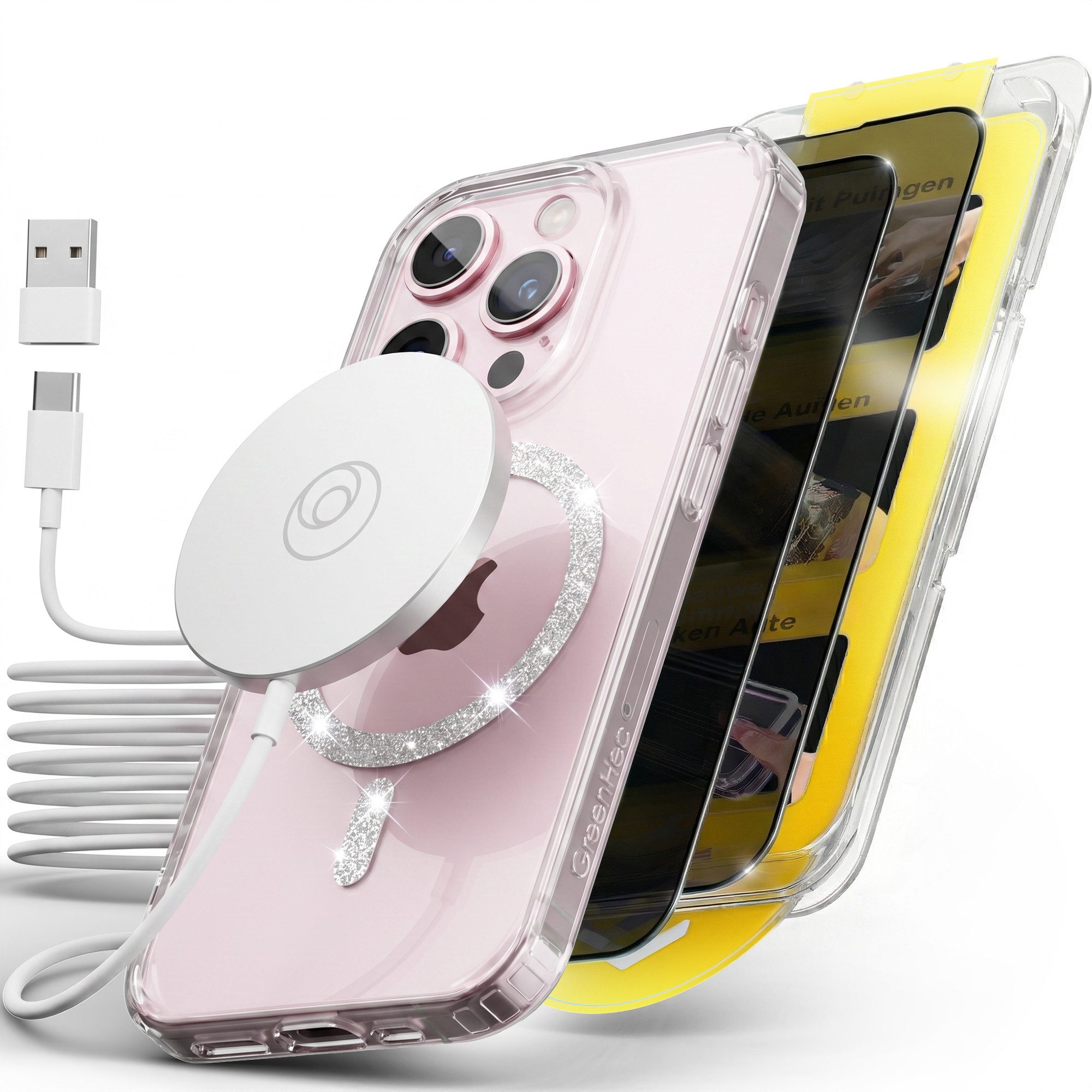 GreenHec Handyhülle Handyhülle iPhone 17 16 15 14 13 Pro Max Plus Glitzer Case Transparent 7 Zoll, Glänzend Magnetring, Transparent Hülle iPhone, GreenHec Clear Case