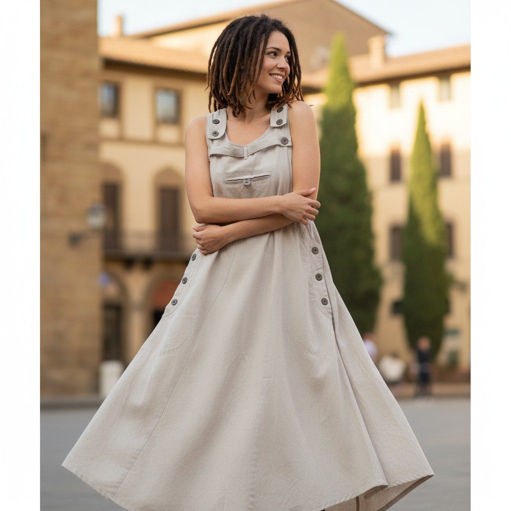 Guru-Shop Minirock Latzrock, Trägerkleid, Hippierock - leinenfarben alternative Bekleidung