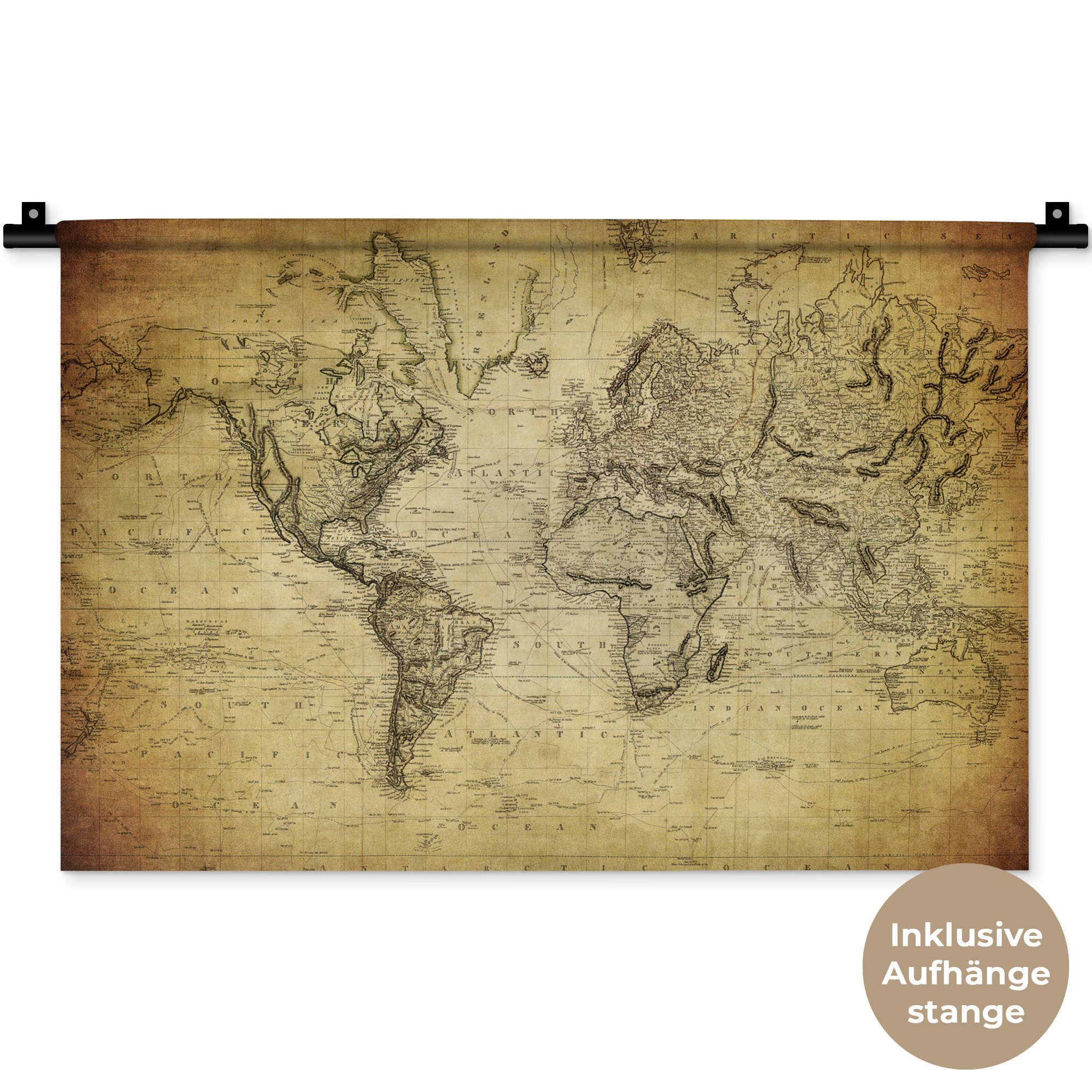 MuchoWow Wandteppich Weltkarte - Vintage - Antik - Braun - Papier, Rechteckig, Höhe: 3 mm, Wandteppich für Wohnzimmer, Schlafzimmer, 60x40 cm