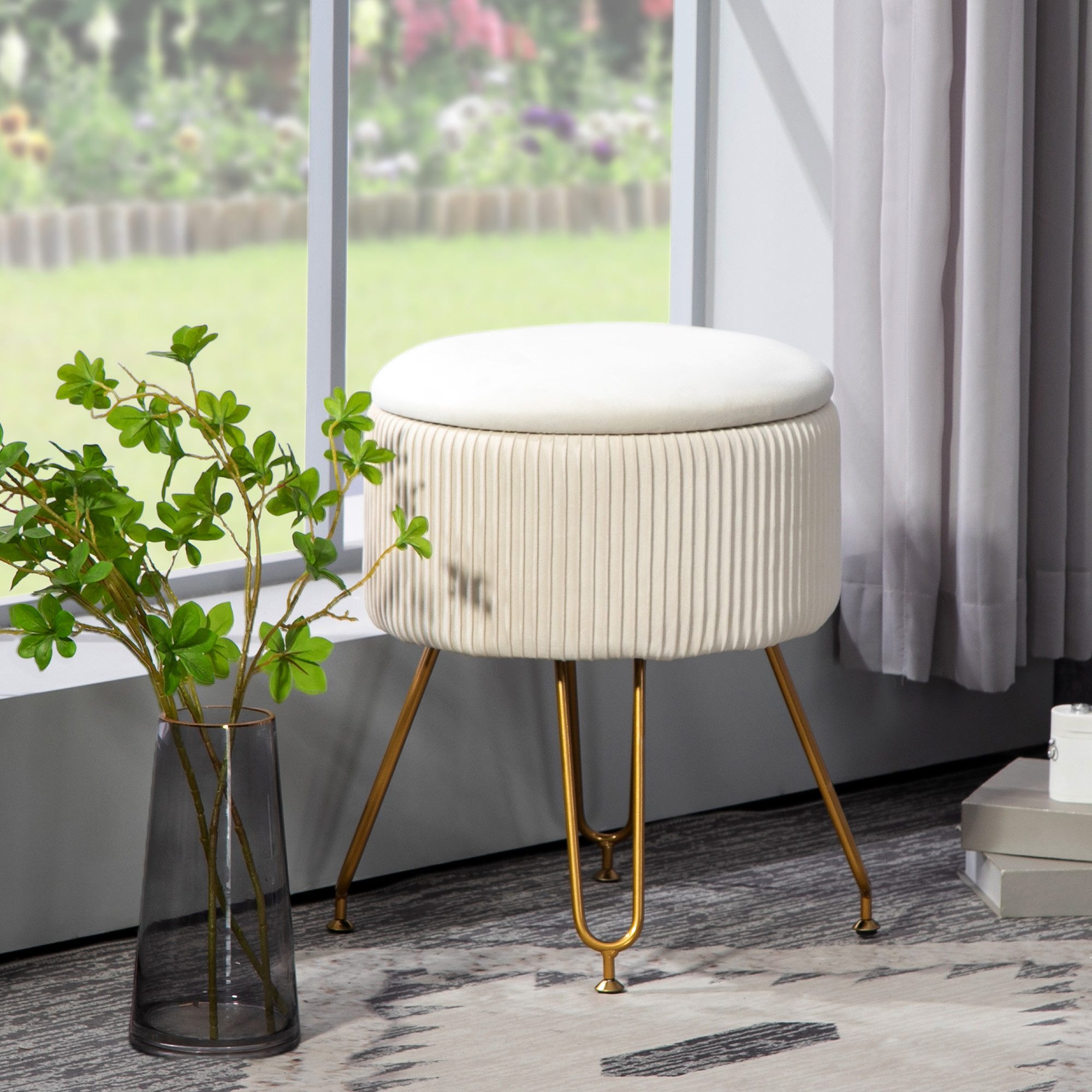 HOMCOM Sitzbank Runder Hocker mit Deckel, Polsterhocker mit Samtoptik, Stahlbeine (Truhenbank, 1-St., Polsterbank), für Flur Schlafzimmer Wohnzimmer, Stahlrahmen, Ø40 x 48 cm Cremeweiß