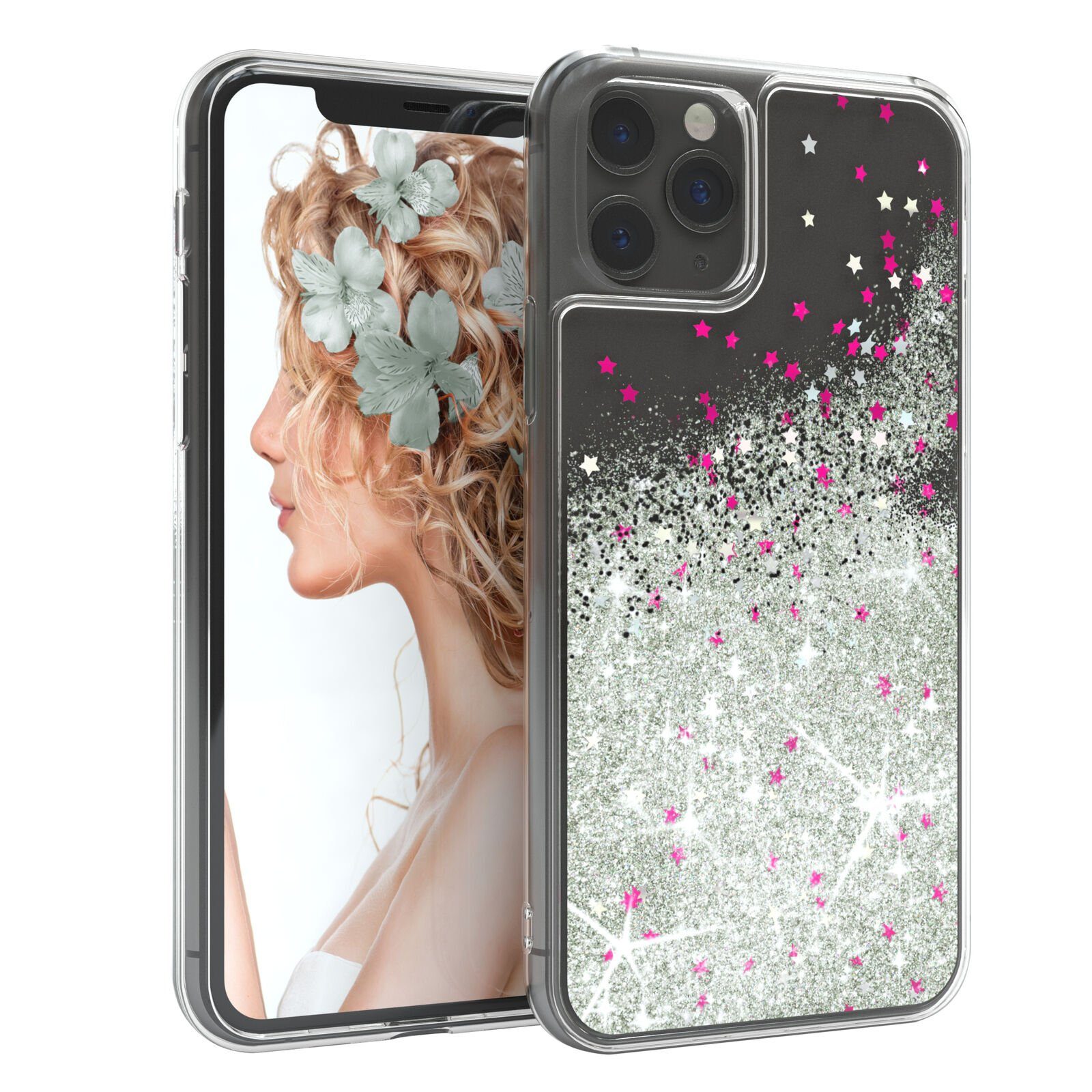 EAZY CASE Handyhülle Liquid Glittery Case für Apple iPhone 11 Pro 5,8 Zoll, Kratzfeste Silikonhülle stoßfestes Back Cover Phone Case Etui Silber