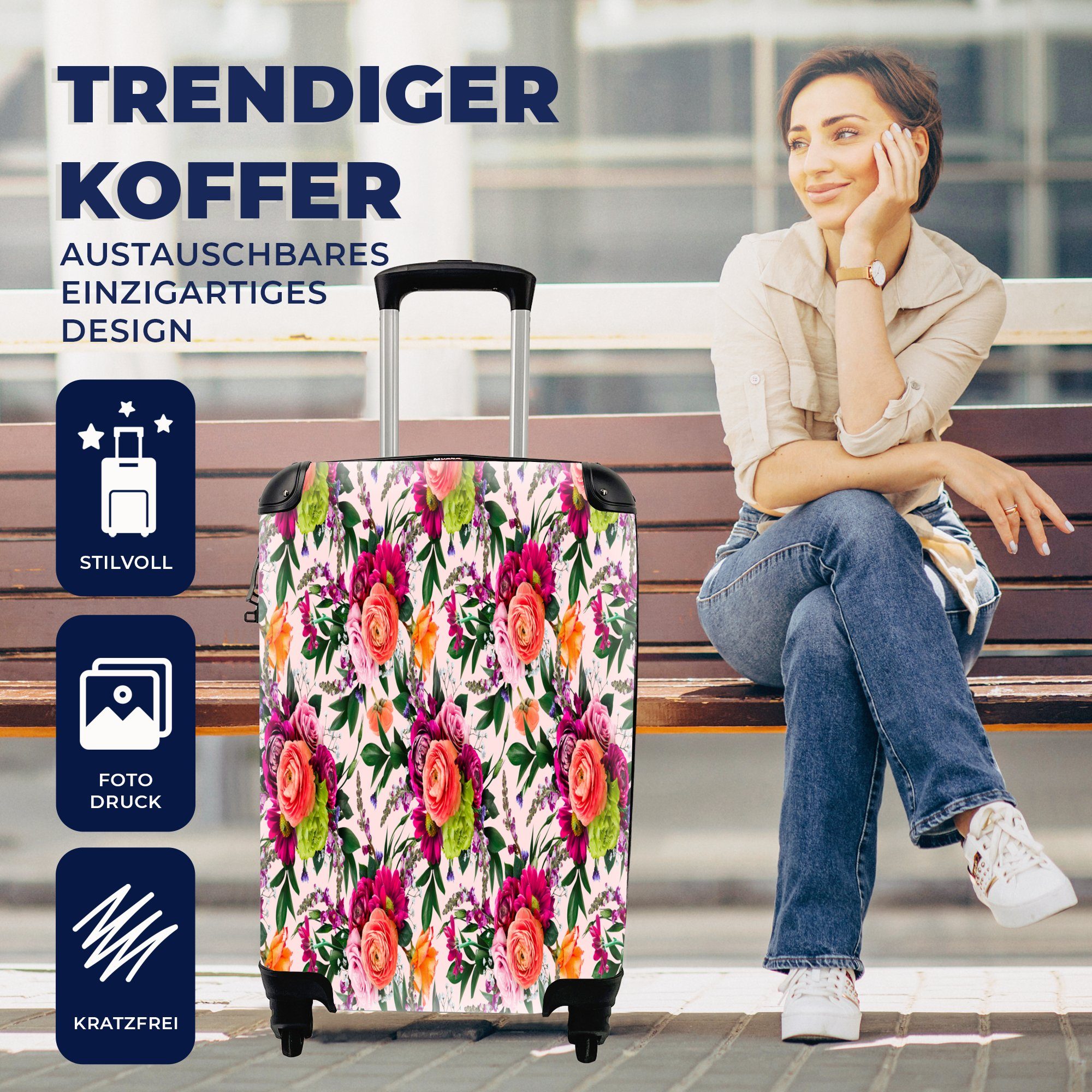 4 Blumen Reisekoffer Handgepäck Muster mit Farben, rollen, Ferien, Trolley, MuchoWow Rollen, für Handgepäckkoffer Reisetasche - -
