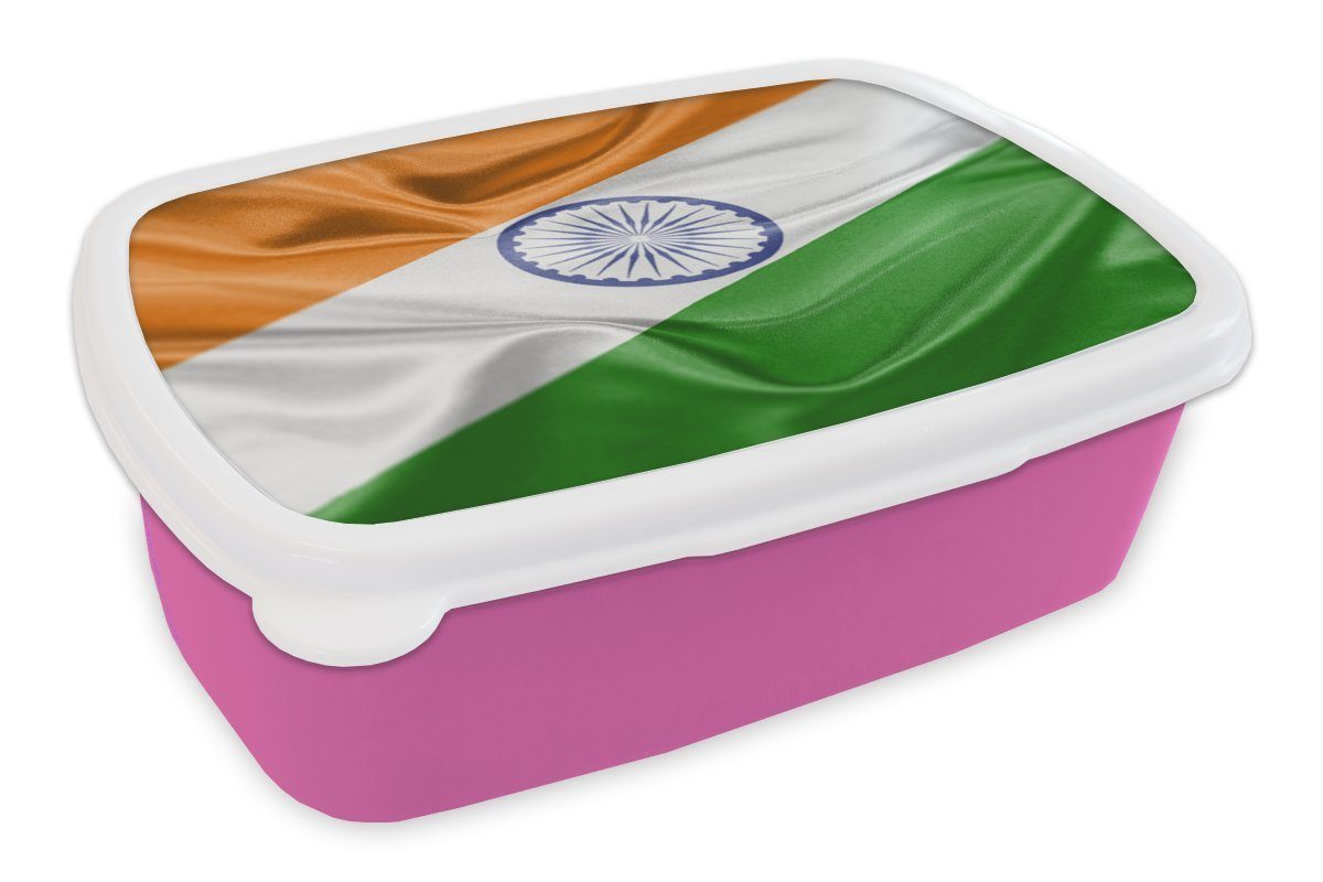 MuchoWow Lunchbox Nahaufnahme der Flagge von Indien, Kunststoff, (2-tlg), Brotbox für Erwachsene, Brotdose Kinder, Snackbox, Mädchen, Kunststoff rosa