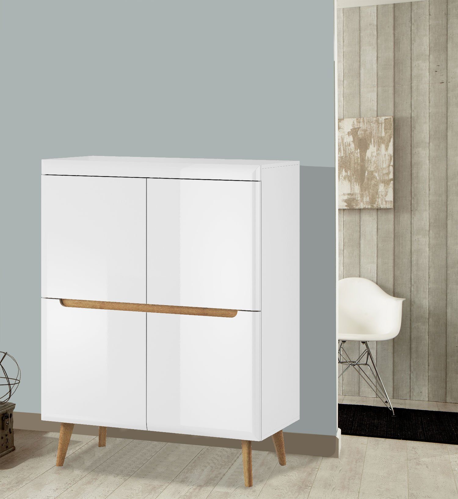 Feldmann-Wohnen Kommode Nordi (Nordi, 1 St., Kommode mit 4 Drehtüren), 107cm weiß / weiß hg riviera eiche