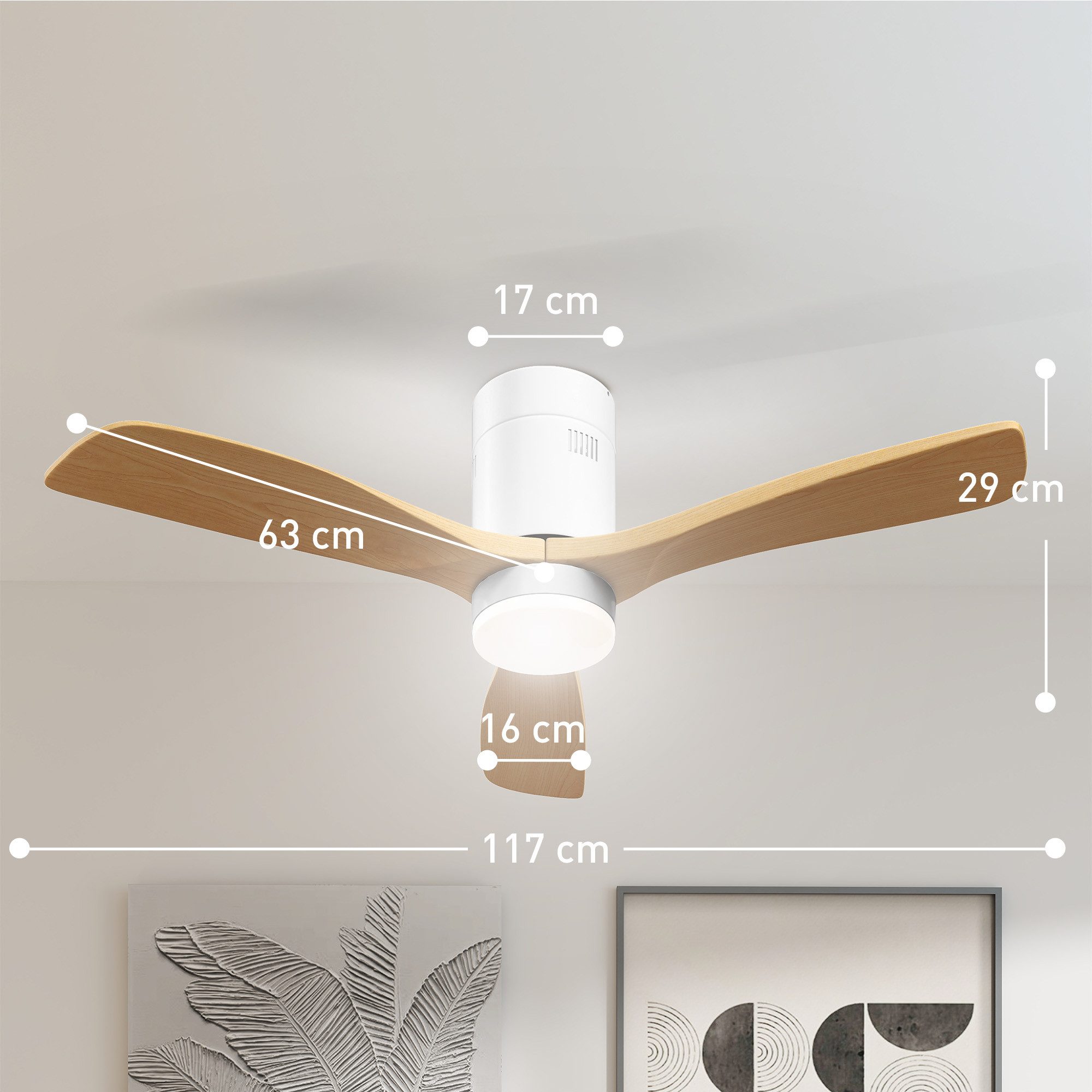 HOMCOM Deckenventilator LED Lampe mit Ventilator, 3 Flügeln, 6 Geschwindigkeiten, Timer, für Schlafzimmer, Wohnzimmer, Naturholz
