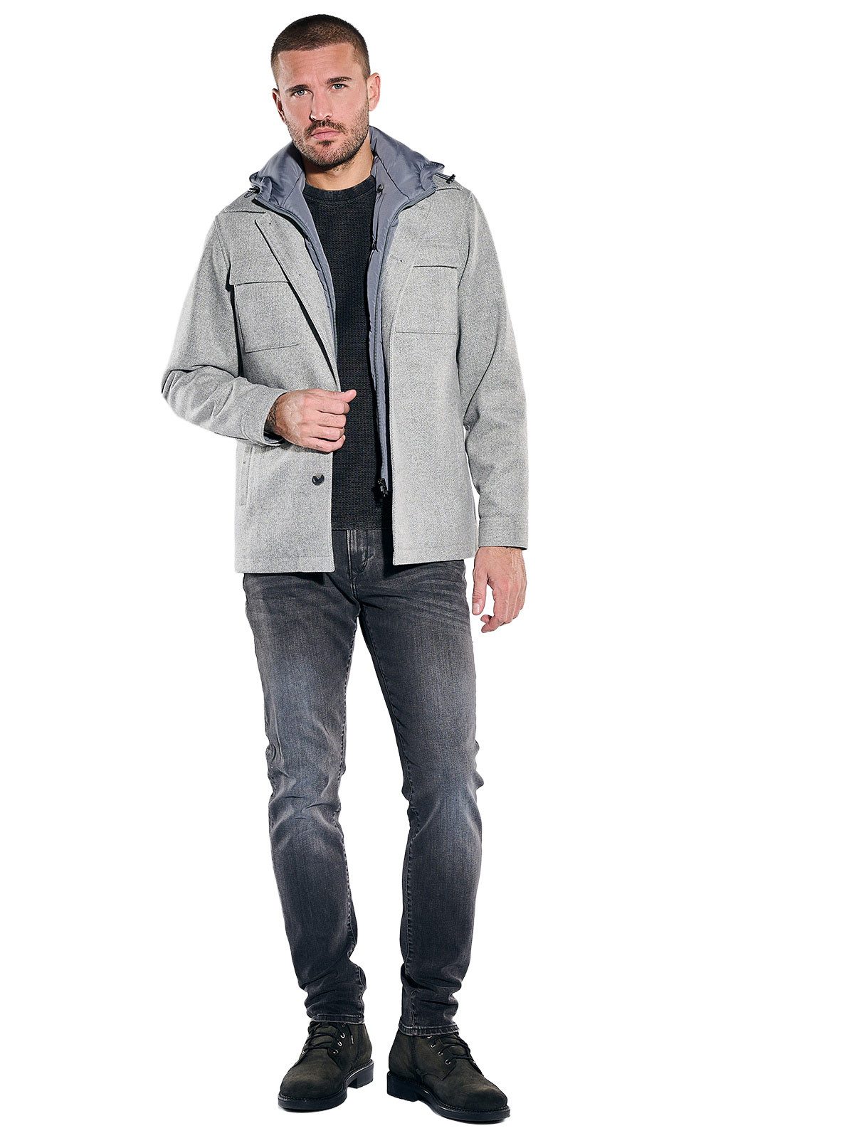 emilio adani Kurzjacke Herren Wolljacke mit abnehmbarer Kapuze, Silbergrau – Bild 3 von 5